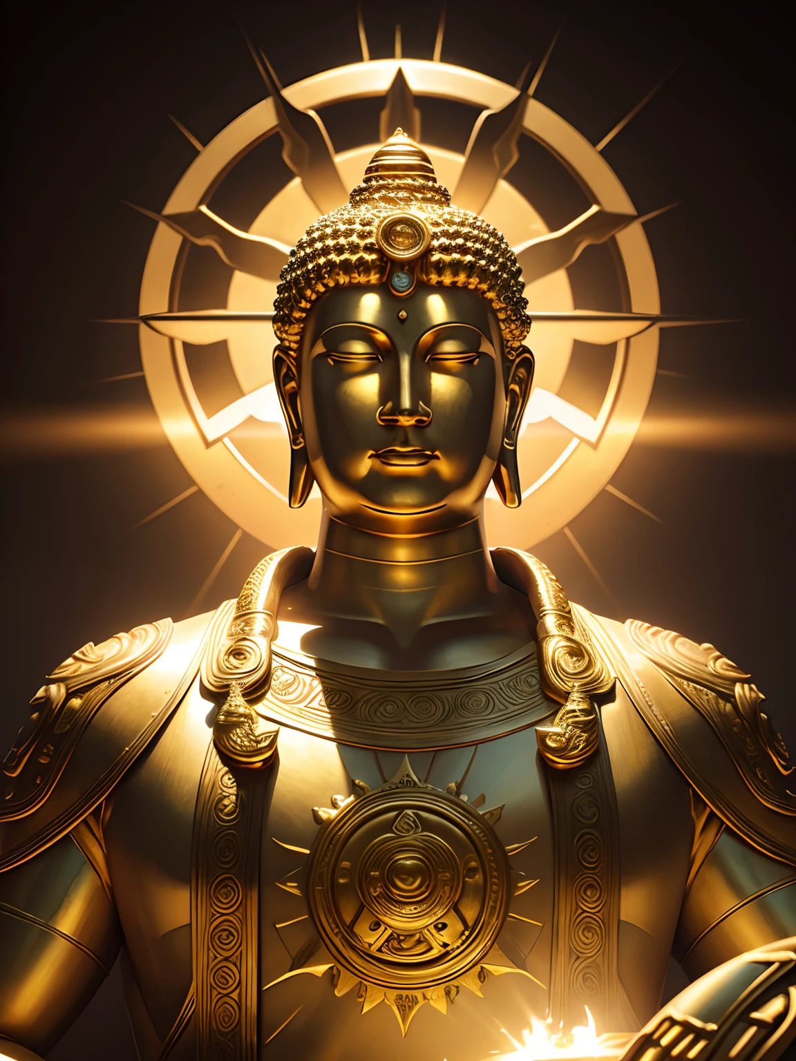 A highly detailed portrait of a huge golden Buddha with the halo of the sun god,golden colored,unreal-engine,The Art of Mark Leyden,Lost fish,Earl Nolen,globalillumination,God Ray,detailed and complex environment,Elden Ring style