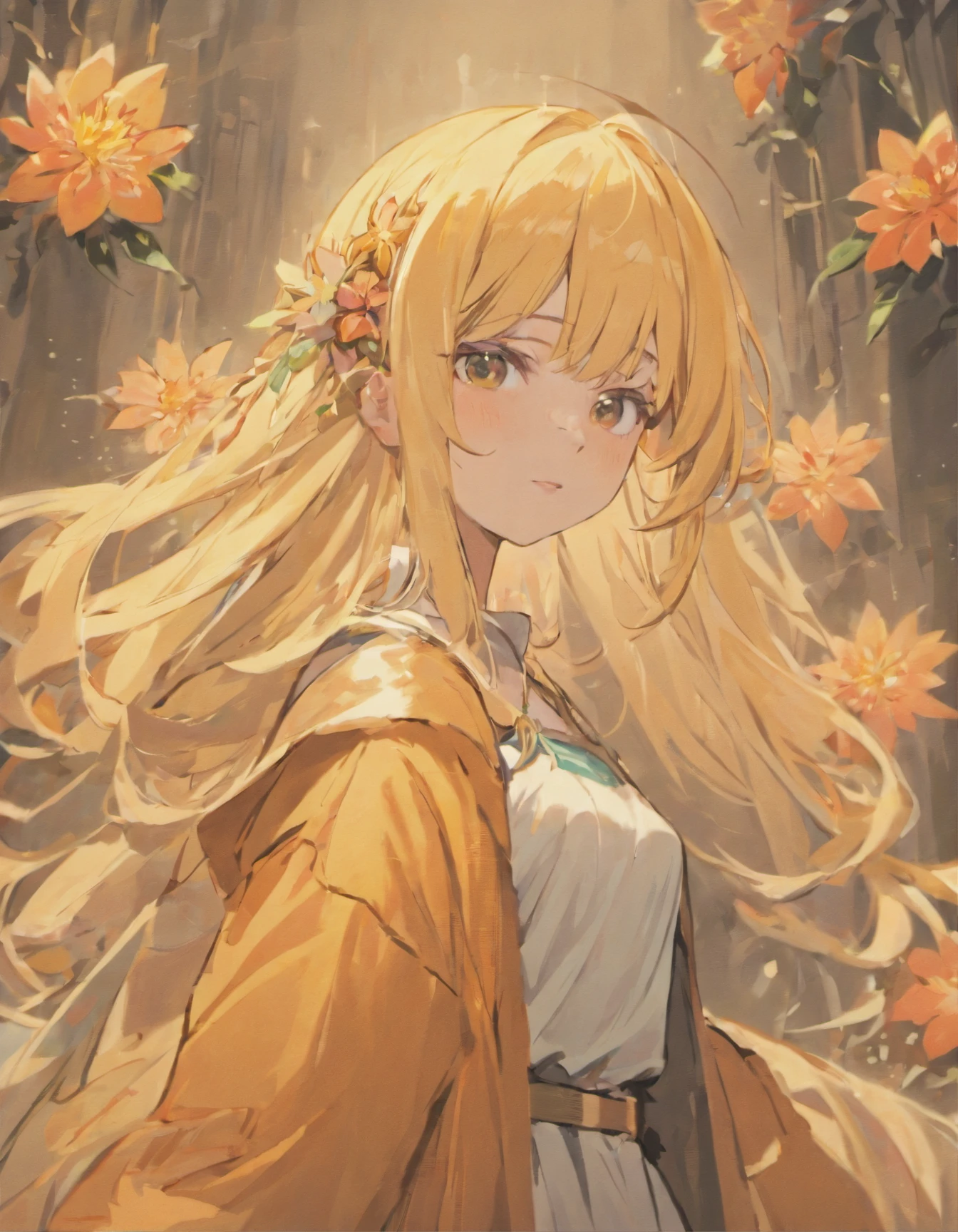 a woman with long blonde hair holding a bouquet of flowers, blonde anime girl with long hair, cute anime girl portraits, anime visual of a cute girl, beautiful anime high school girl, extremely cute anime girl face, cute anime girl portrait, pretty anime girl, female anime character. Costume planning theme autumn and winter return to dust，Style: Urban simplicity, Old money style, Reference brand TEME 2023. Moya Seoul 2023 colors: Peach, Amber brown, Orange-yellow details: The top is smart，Casual culottes with loose straps，White shirt material: linen, Cotton, Silk, fleece, Full body front design