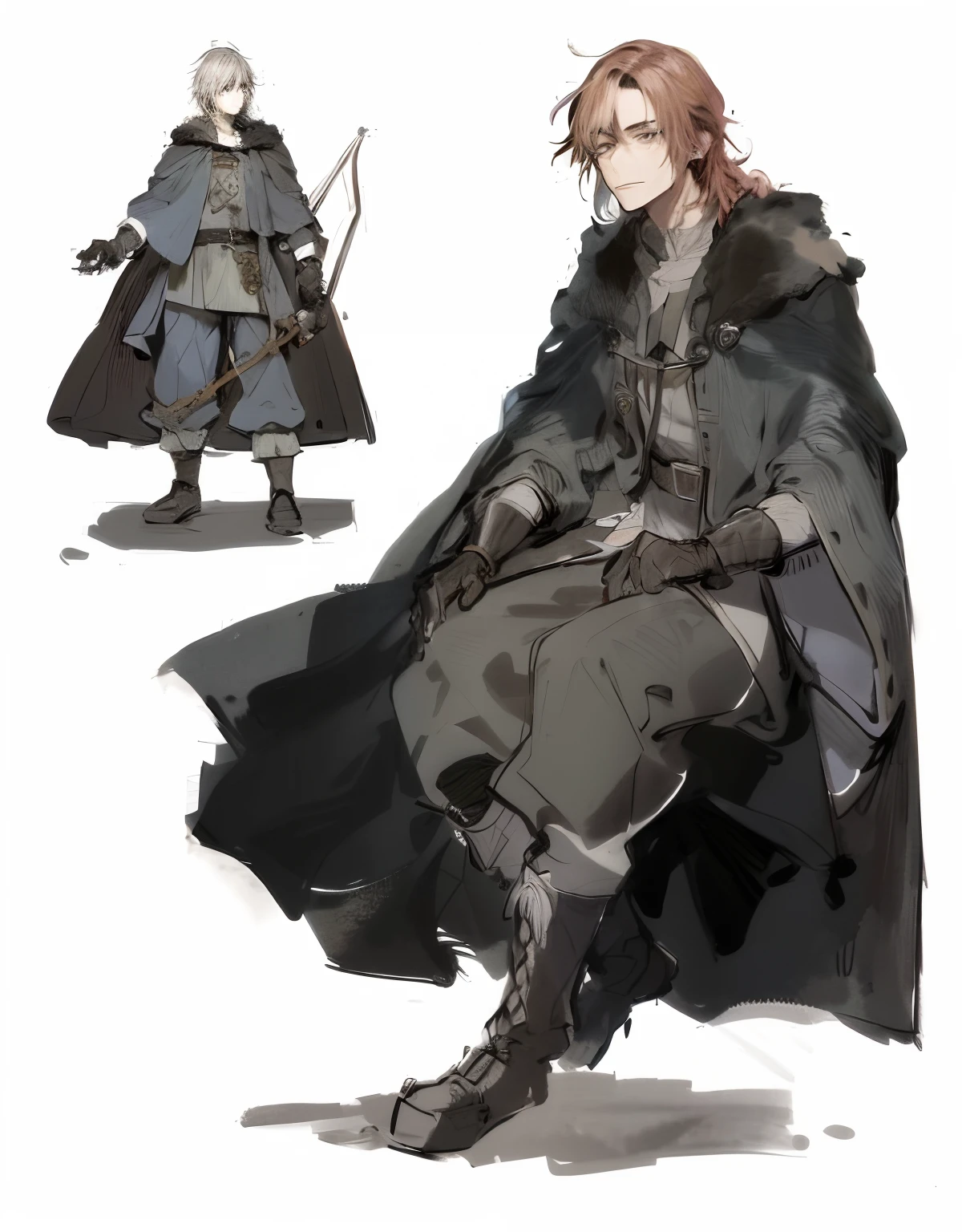 um desenho de um homem com um manto e botas sentado em uma cadeira, ( ( arte conceitual do personagem ) ), kvothe do nome do vento, Boromir em um 80\mundo do anime, Boromir em um mundo de anime, arte conceitual detalhada de corpo inteiro, [ design de personagens ], inspirado em Yamagata Hiro, design de personagens de anime