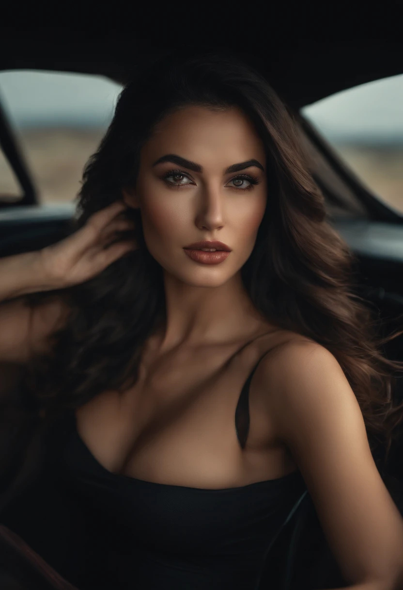 professional, (4k photo:1.1) by (Jeremy Lipking:0.3), (Dittmann Anna:0.3), (Arian Mark:0.3), high detail, wearing sexy clothes, beautiful detailed face, hazel eyes, long black hair, (attractive young woman:1.3), (seductive:1.1), (blushing:1.1), hourglass body shape, round breasts, normal hips, fit female body, driving car