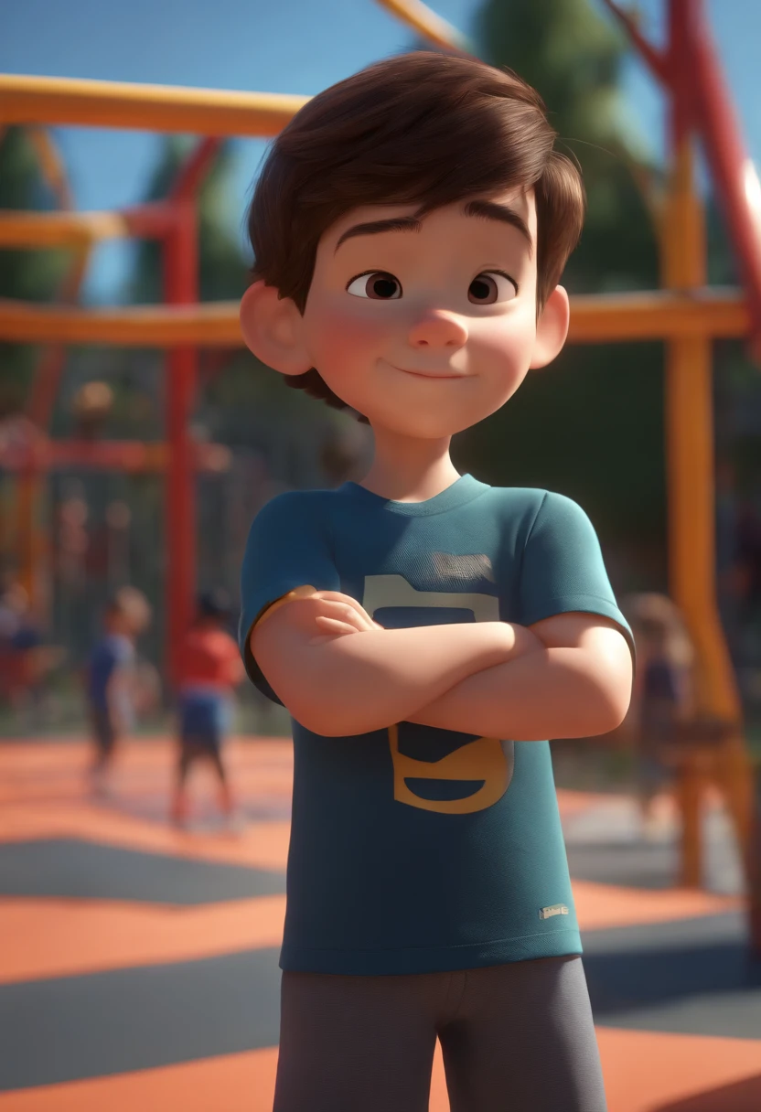 (Pixar 1.23 style) 1 boy ((upper body front, bust shot)), solo, cute kid, brunette, pretty tracksuit, boy, korean child, playground, ((masterpiece, highest quality)), (composite lighting)