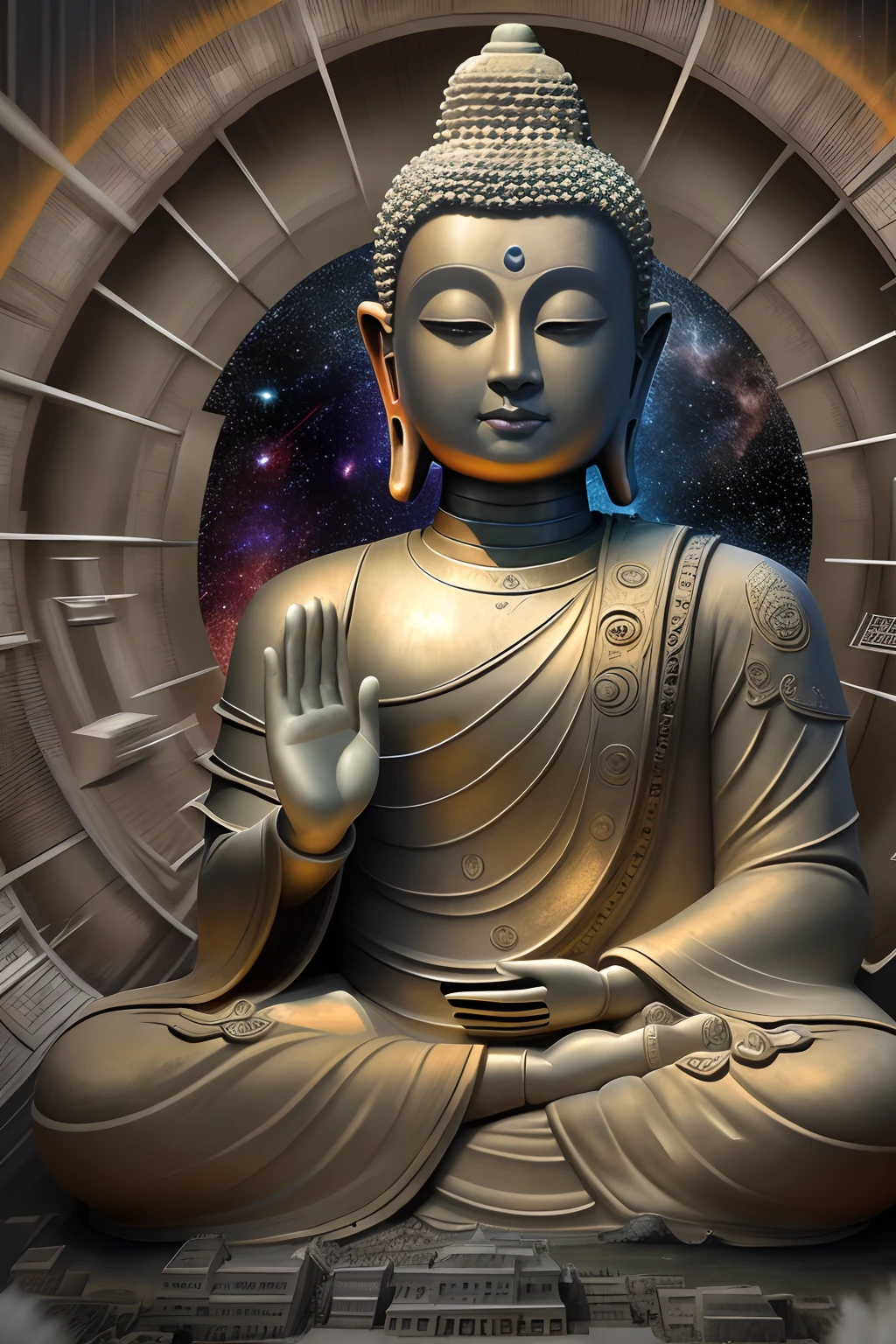 Interstellar,Endless space,The huge Maitreya Buddha statue rushed towards the huge space-time tunnel,ssee-through,depth of fields,((Masterpiece)),(Best quality)),Magnificent space image scene,surrealism, Super detail, ccurate, Best quality, hyper HD, Masterpiece, Anatomically correct, A high resolution, 16k