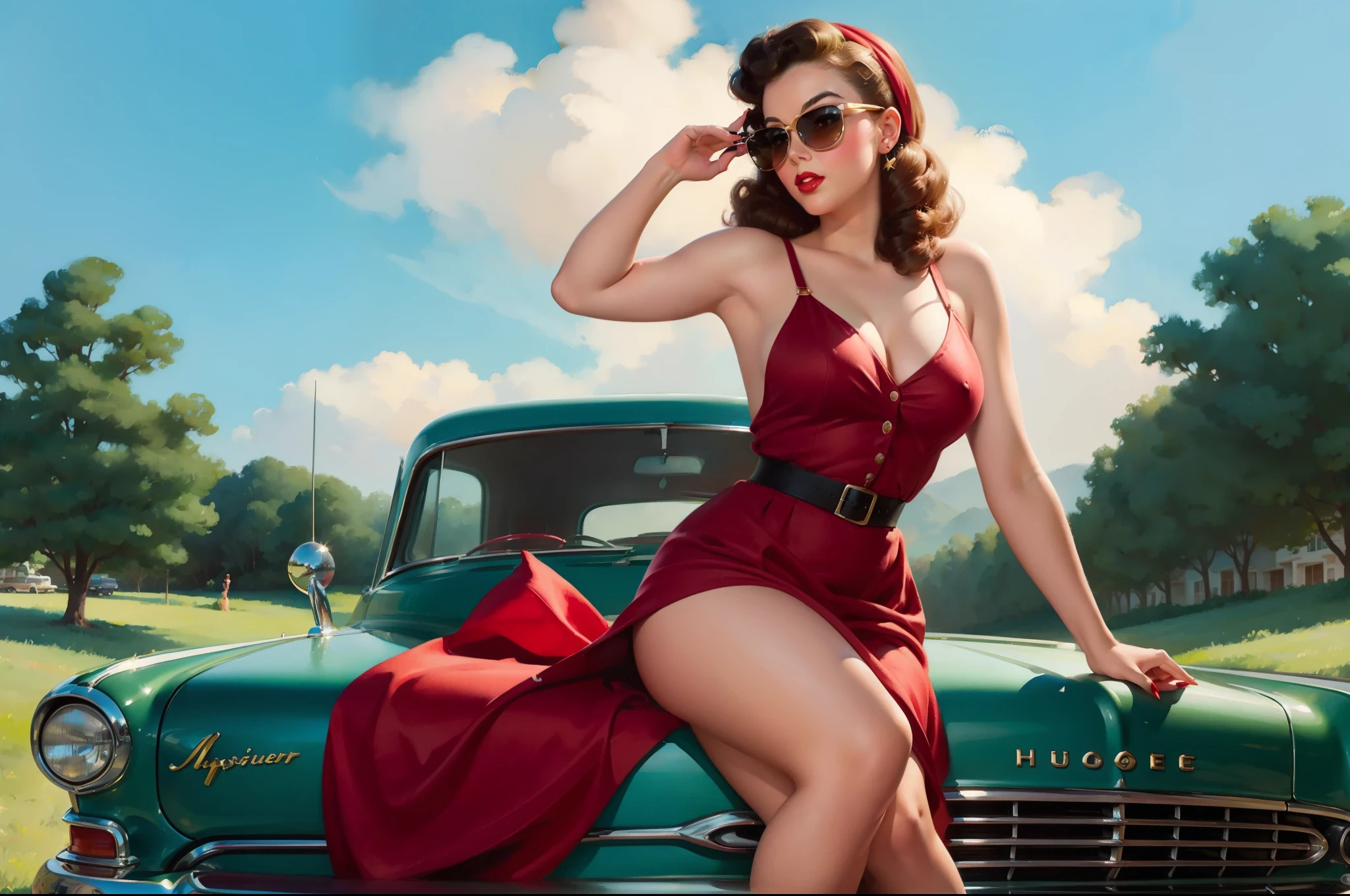 A watercolor pin up painting of a stunning beautiful girl, sitting on the bonnet of a vintage Hudson Hornet car from the 1950s. ((1 girl , solo)), ((1 people))The girl should have long curvy hair and be dressed in a fitted red dress with white dots, and a pair of sunglasses perched on her head. The overall mood of the image should be one of glamour, fun, and adventure. Masterpiece pin up art by Girl Elvgren.