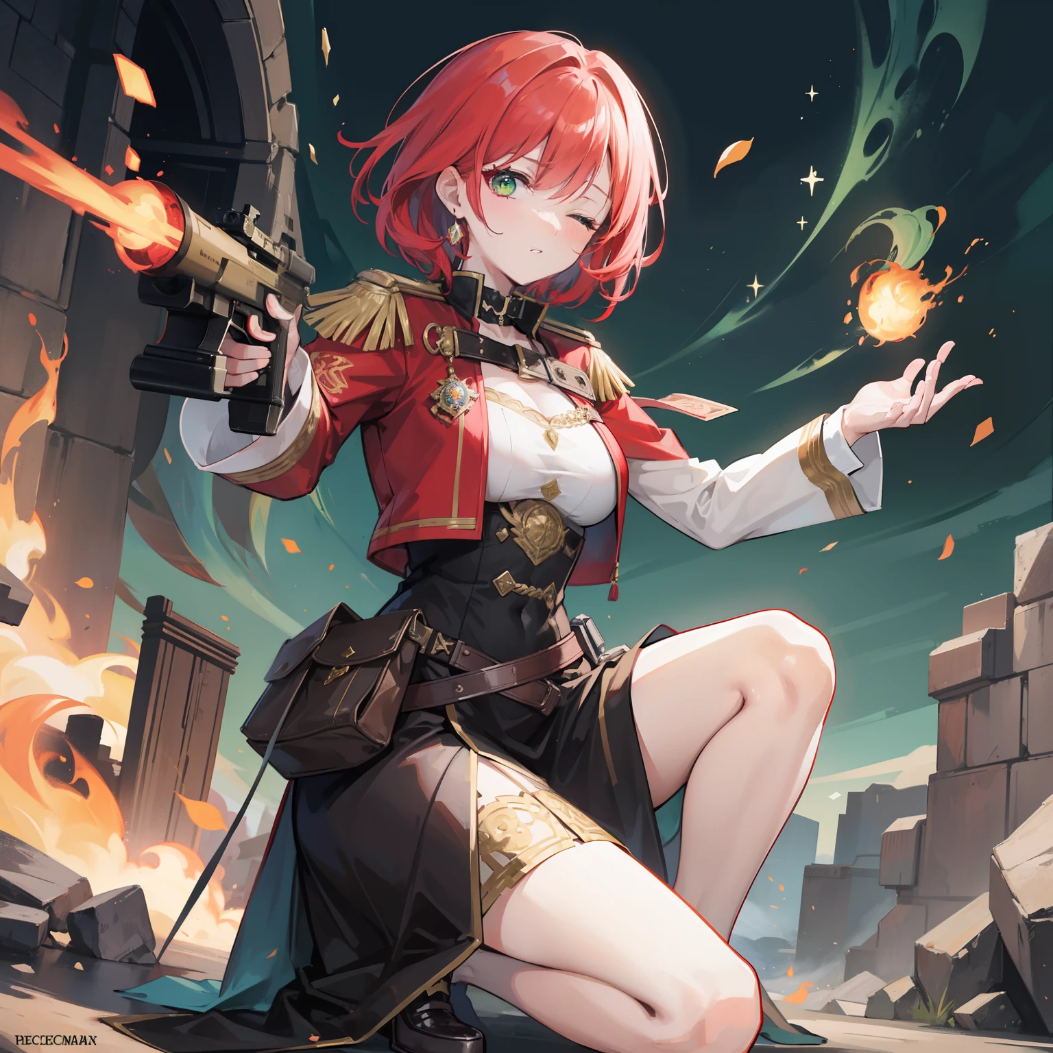 Female character, beautiful young pyromantic sorceress, red-haired short-haired and green-eyed, military fancy dress, supported on one knee, with one eye closed and the other looking through the peephole, pointing a rifle with shiny engravings, Loading a fire attack, a rising fireball on the rifle nozzle.
