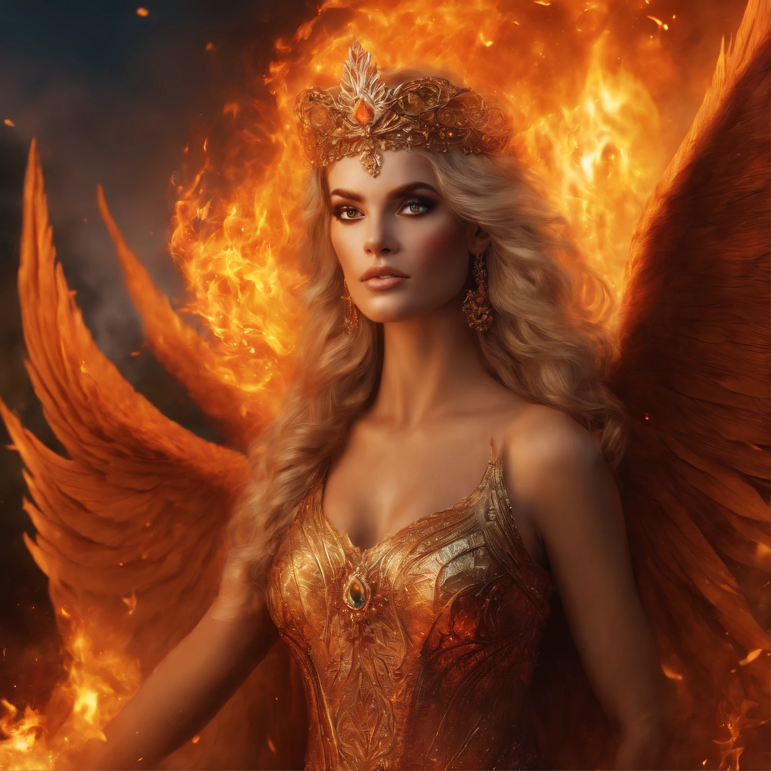 This is a realistic fantasy artwork prominently featuring realistic fire, including wisps of flames, glowing hot embers, subtle curls of smoke, and a beautiful fire druid. The druid stands in the midst of a raging inferno with an interesting composition. Her face is expertly sculpted, with elegant and refined features and perfect shading and realistic skin texture. Her (orange and gold eyes) are stunning and are the focal point of this image. (Her eyes extremely detailed, beautiful detailed eyes, and macro). Her eyes feature intricate detailing with clearly defined irises and bright sclera. Her soft lips are smooth and very puffy, and her skin is adorned with a light flush and ornate fire detailing. Her long gown is stunning and expensive, and is made of pure flames and glittering, ornate jewels that glimmer in the fire light. Her billowing gown glitters from the flames and features a delicately and intricately embroidered bodice with wisps of flames running across it. Include fantasy elements like bumps, stones, fiery iridescence, glowing embers, silk, and an interesting background. Include fiery magical creatures such as fiery birds and fiery butterflies that give off a magical and mystical aura. Lighting: Utilize the latest trends in lighting to enhance the artwork's beauty. Camera: Utilize dynamic composition to create a sense of urgency and excitement. Take inspiration from the current masters of the fantasy genre, including trending artists on Artstation and Midjourney. ((masterpiece))