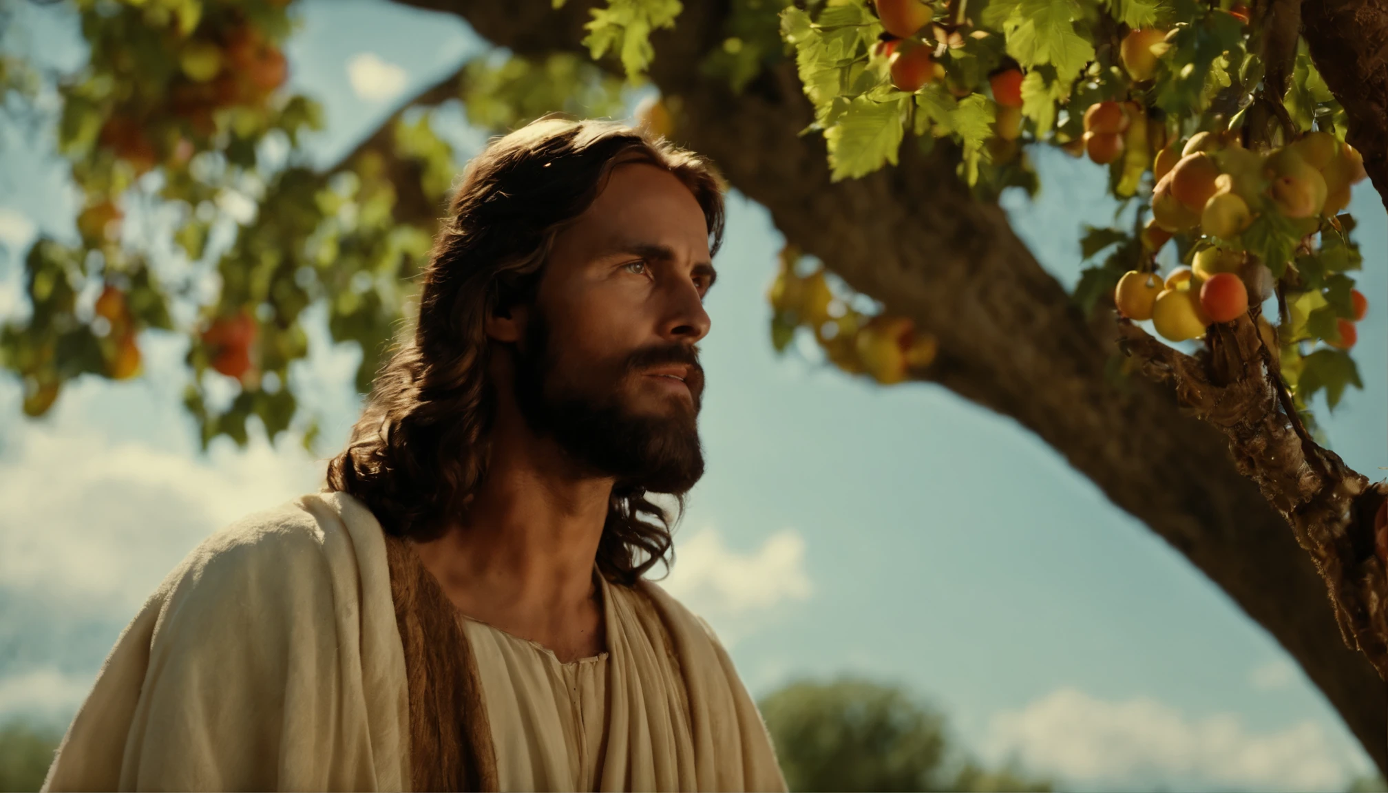Jesus under a tree with fruit, speaking to his disciples. The sky is blue with some clouds, a paisagem transmite paz.