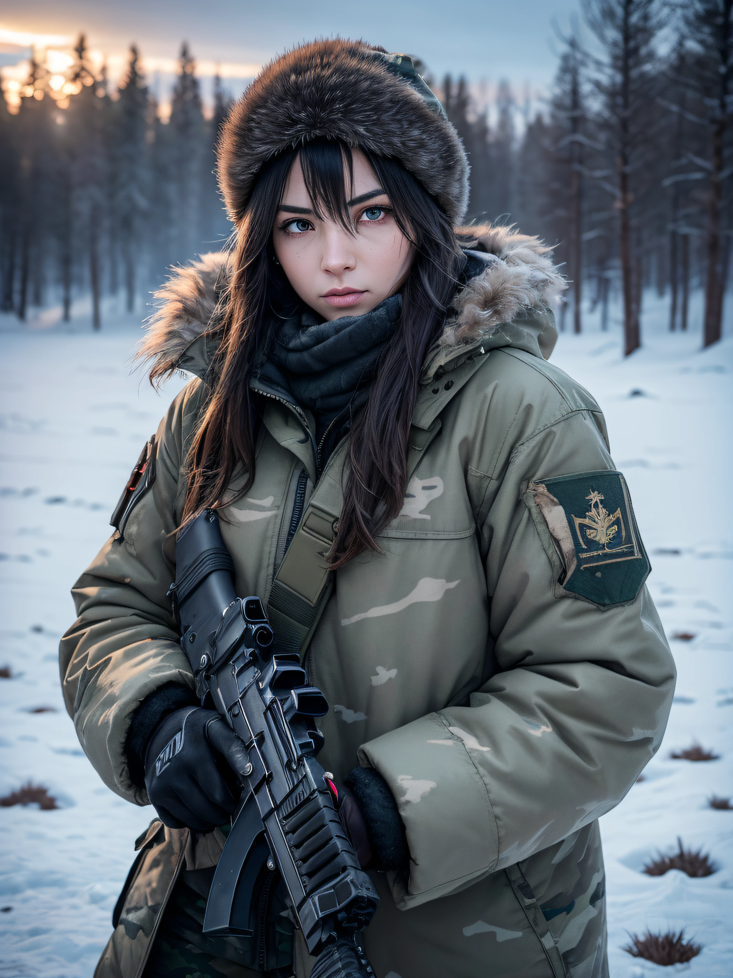 (best quality,4K),(Best details),(ultra realistic),Kai'sa,russian soldier,winter,snow storm,russian hat,sunglasses,beautiful,soldier's salute,looking at viewer,winter war,war-torn city,destroyed buildings,frost-covered trees,smoke and fog,muddy ground,fallen snowflakes,icy wind,battle scars,heavy armor,worn-out boots,glowing eyes,intense expression,determination,cold breath,unique facial features,sharp rifle,camouflage uniform,tangled hair,fur-lined coat,thick gloves,winter camouflage,blizzard,harsh conditions,frigid air,crimson sunset,dark clouds,ominous skies,triumphant pose,defiant stance,endurance and resilience,icy battlefield,steely gaze,frozen tears of valor.