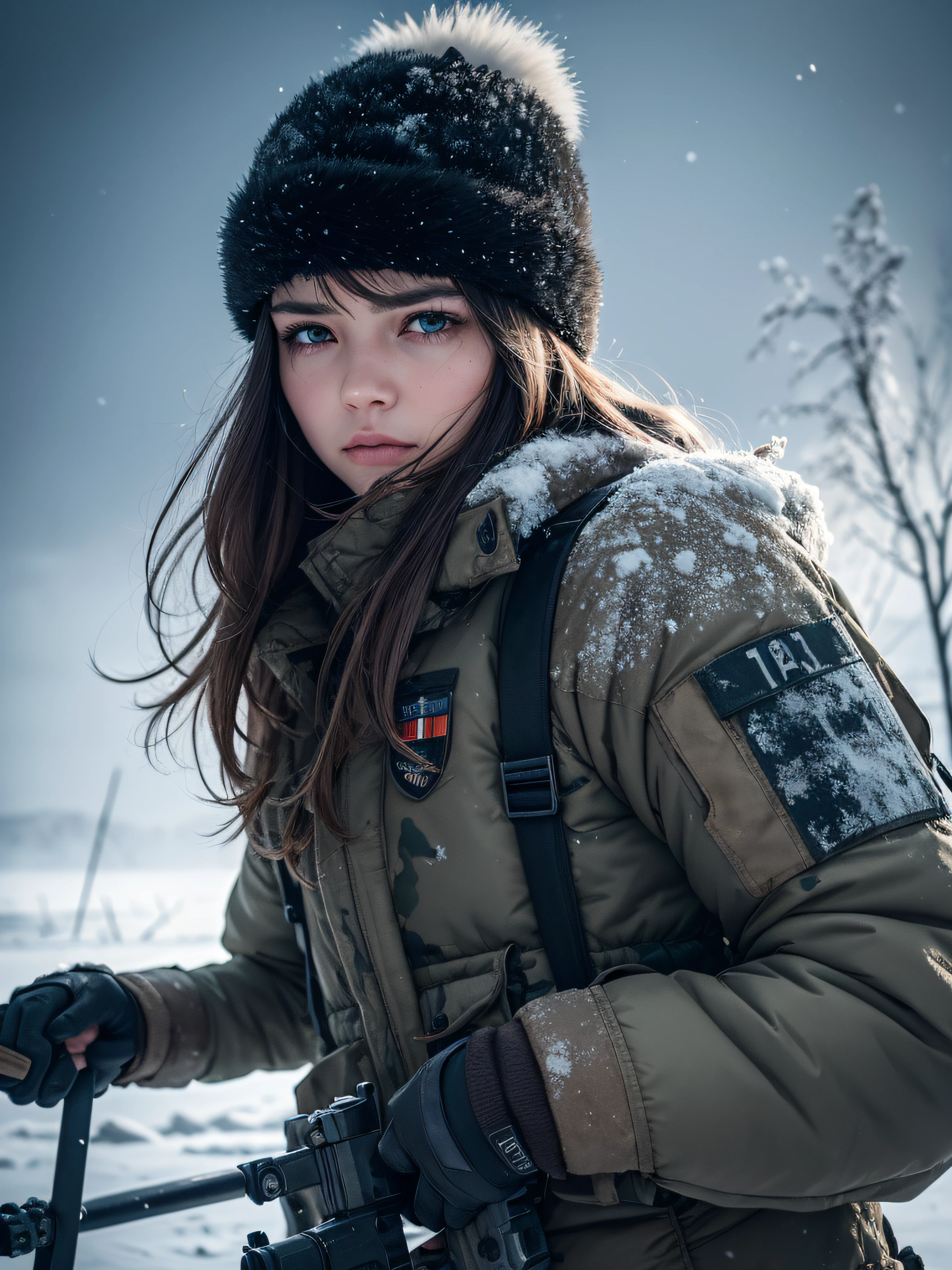 (best quality,4K),(Best details),(ultra realistic),Kai'sa,russian soldier,winter,snow storm,russian hat,sunglasses,beautiful,soldier's salute,looking at viewer,winter war,war-torn city,destroyed buildings,frost-covered trees,smoke and fog,muddy ground,fallen snowflakes,icy wind,battle scars,heavy armor,worn-out boots,glowing eyes,intense expression,determination,cold breath,unique facial features,sharp rifle,camouflage uniform,tangled hair,fur-lined coat,thick gloves,winter camouflage,blizzard,harsh conditions,frigid air,crimson sunset,dark clouds,ominous skies,triumphant pose,defiant stance,endurance and resilience,icy battlefield,steely gaze,frozen tears of valor.