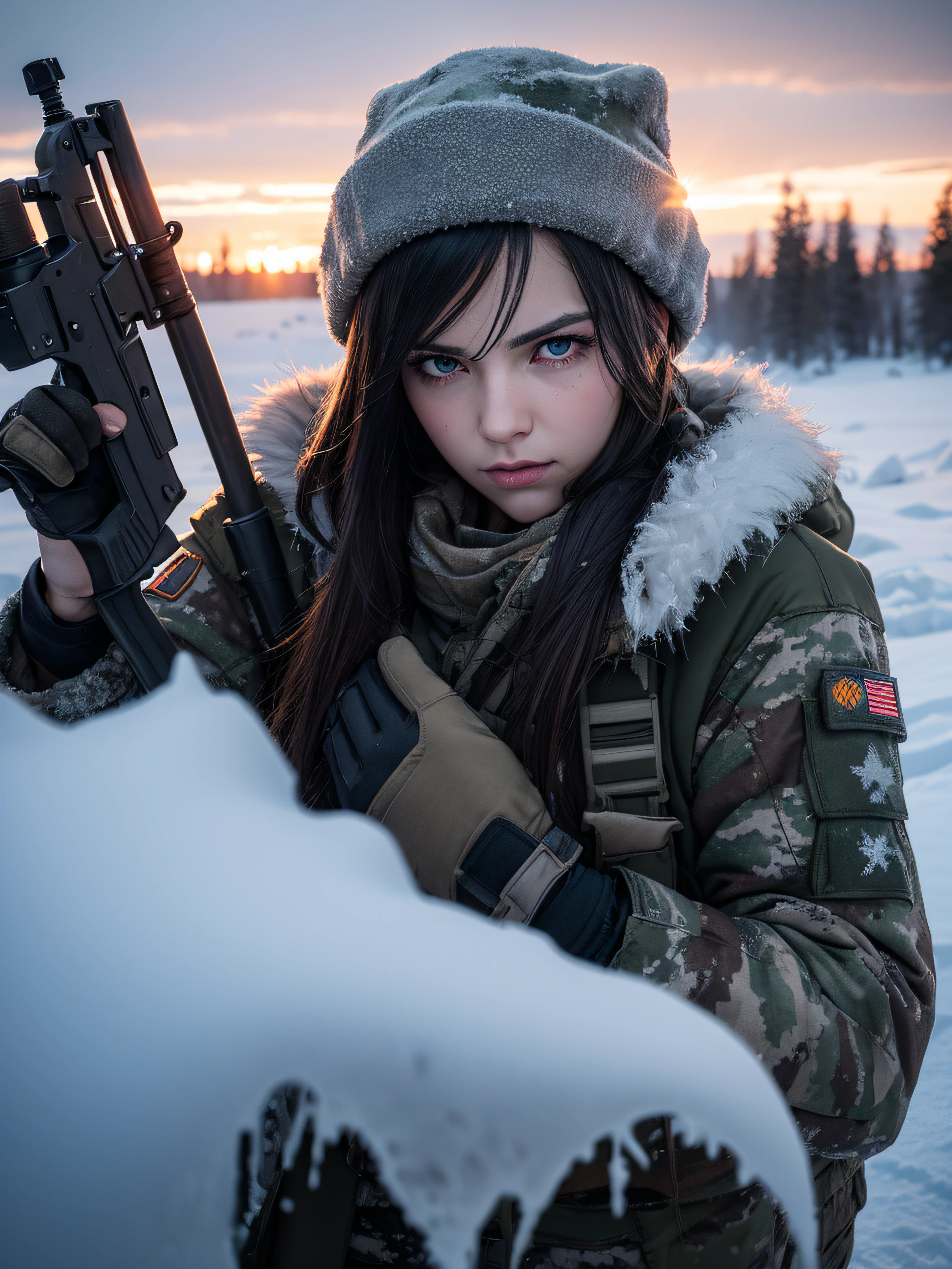 (best quality,4K),(Best details),(ultra realistic),Kai'sa,russian soldier,winter,snow storm,russian hat,sunglasses,beautiful,soldier's salute,looking at viewer,winter war,war-torn city,destroyed buildings,frost-covered trees,smoke and fog,muddy ground,fallen snowflakes,icy wind,battle scars,heavy armor,worn-out boots,glowing eyes,intense expression,determination,cold breath,unique facial features,sharp rifle,camouflage uniform,tangled hair,fur-lined coat,thick gloves,winter camouflage,blizzard,harsh conditions,frigid air,crimson sunset,dark clouds,ominous skies,triumphant pose,defiant stance,endurance and resilience,icy battlefield,steely gaze,frozen tears of valor.