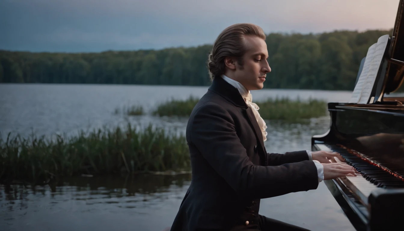 mozart tocando el piano, luz de la luna, un lago con cisnes
