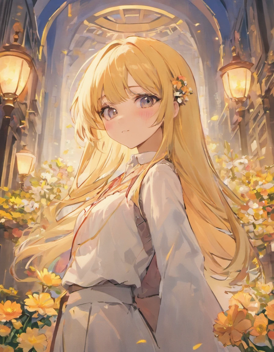 a woman with long blonde hair holding a bouquet of flowers, blonde anime girl with long hair, cute anime girl portraits, anime visual of a cute girl, beautiful anime high school girl, extremely cute anime girl face, cute anime girl portrait, pretty anime girl, female anime character. Costume planning theme winter, Style: Urban simplicity, Old money style, Reference brand TEME 2023. Moya Seoul 2023 colors: details: The top is smart，Casual culottes with loose straps，White shirt material: linen, Cotton, Silk, fleece, Full body front design