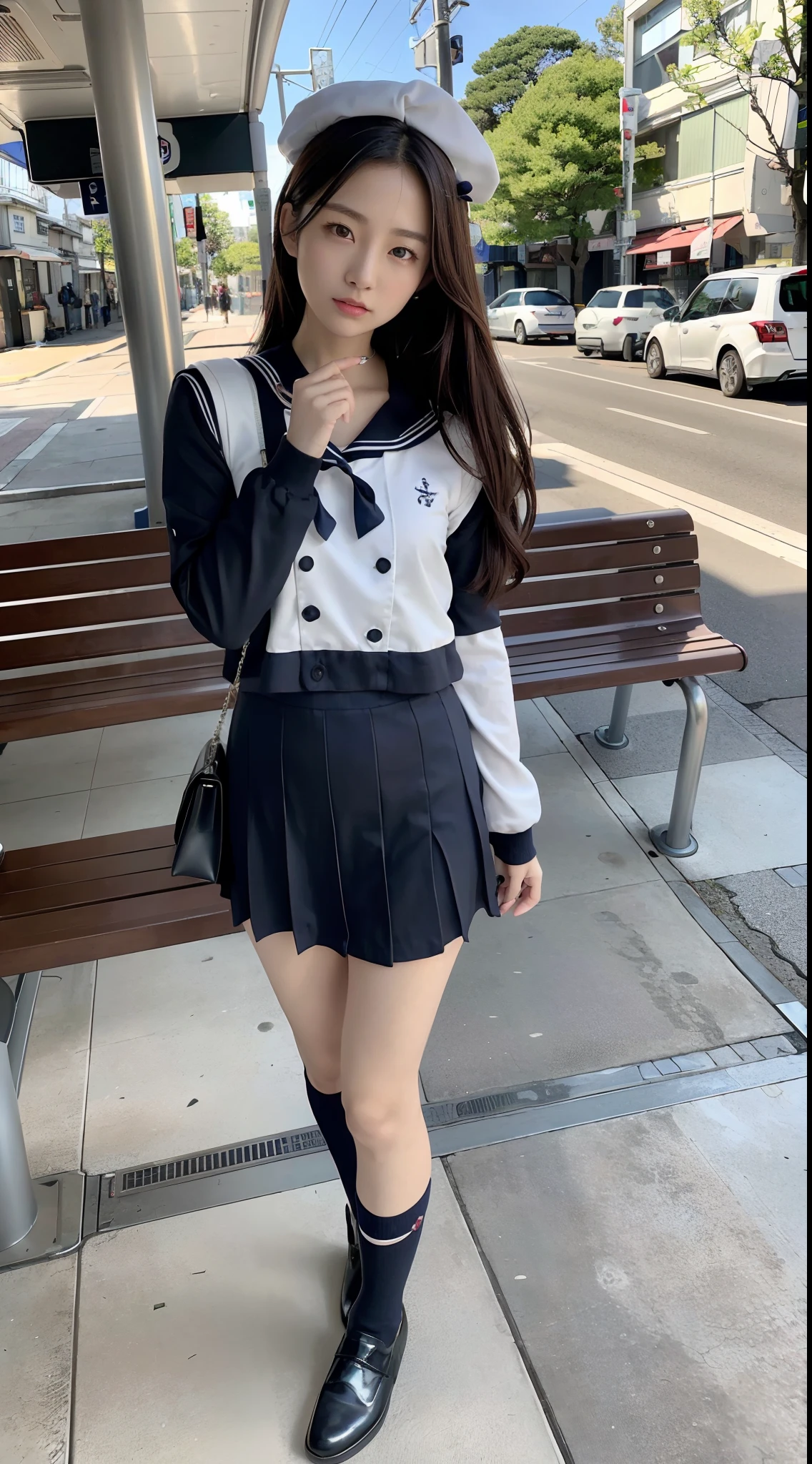 mix4, (16 K, Raw photography, Top image quality, masterpiece: 1.45), (realisitic, Photorealsitic: 1.37), one girls, 7.5, etc、Standing figure,cute little, A city scape,, profetional lighting, photon maping, Cityscape with street trees, physically-based renderingt, Gradient dark brown hair,, a handsome, Well-groomed and beautiful eyes、Large double eyelids、Very shiny、girl with, (((student clothes、Long sleeve sailor suit worn by Japan schoolgirl、red cuffs、Dark blue mini skirt, Small gray beret、Dark blue knee-high socks、Black loafers))), Top Quality Photos, hight resolution, 1080p, (clearface), (Detailed face description), (Detailed hand description), (masterpiece), (Exquisite CG)、extreme light and shadows、dishevled hair、master work、abundant detail、(Fine facial features)、(top quality photo)、(masuter piece)、(A detailed eye)、Look in front of you、Fine clavicle、((Slender big))、(((Japan schoolgirl in long-sleeved sailor suit)))、((Body shape of gravure model))、((Boulevard with street trees、Bus stop、timetable、Benches))、(Shooting from random perspectives)、(((Anyway cute)))、耳Nipple Ring、A big smile、Drawing the whole body from the knees、Do not draw nasolabial folds、(((shopping bags)))、(Big breasts that hang down big:0.7)、Big buttocks with tension、Two arms and two legs、(((from the front side:0.5)))、bare hand、No mask