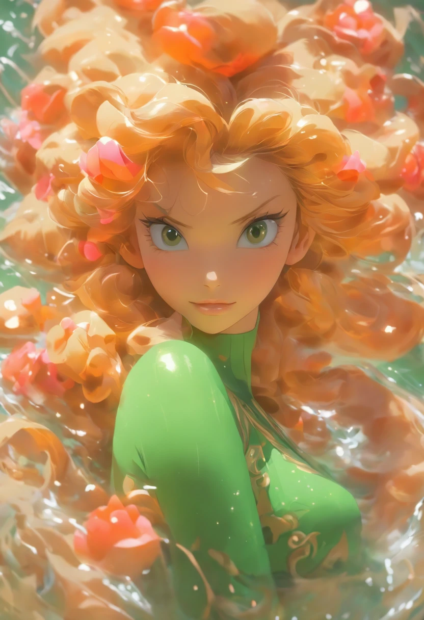 32K(tmasterpiece,k hd,hyper HD,32K)curlies,Flowing rouge,ponds,zydink, a color, Liaoning people (Silly girl), (Silk scarf), Combat posture, looking at the ground, Flowing rouge curls,Green emerald headdress, Chinese long-sleeved pink gold garment, (abstract ink splash:1.2), Pink lotus background,Water lily flower protector(realisticlying:1.4),Rouge hair,Autumn is in full swing,The background is pure, A high resolution, the detail, RAW photogr, Sharp Re, Nikon D850 Film Stock Photo by Jefferies Lee 4 Kodak Portra 400 Camera F1.6 shots, Rich colors, ultra-realistic vivid textures, Dramatic lighting, Unreal Engine Art Station Trend, cinestir 800,Large curls,Flowing rouge