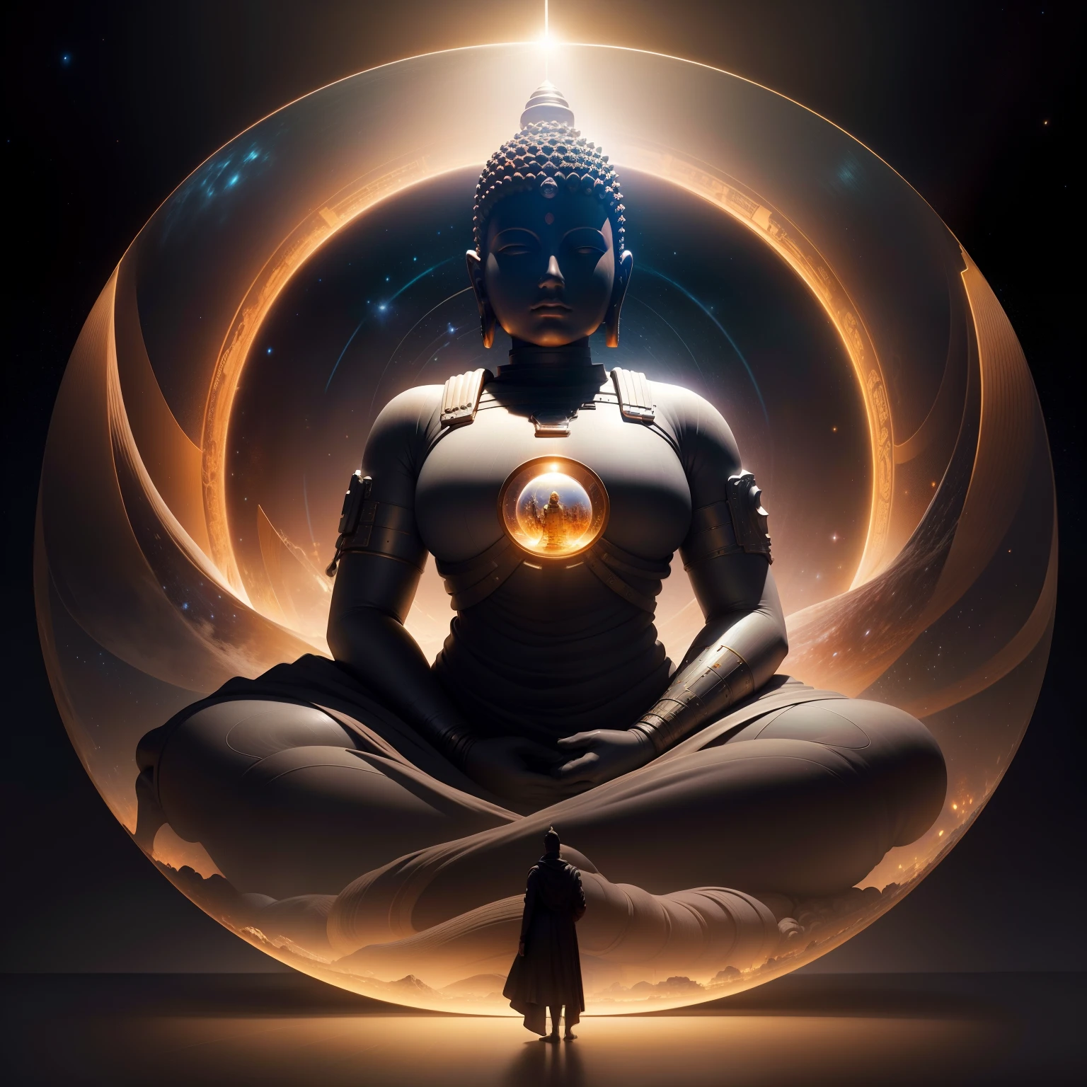 Interstellar,Endless space,The huge Maitreya Buddha statue rushes towards a huge space-time tunnel,ssee-through,depth of fields,((Masterpiece)),(Best quality)),Magnificent space image scene,surrealism, Super detail, ccurate, Best quality, hyper HD, Masterpiece, Anatomically correct, A high resolution, 16k