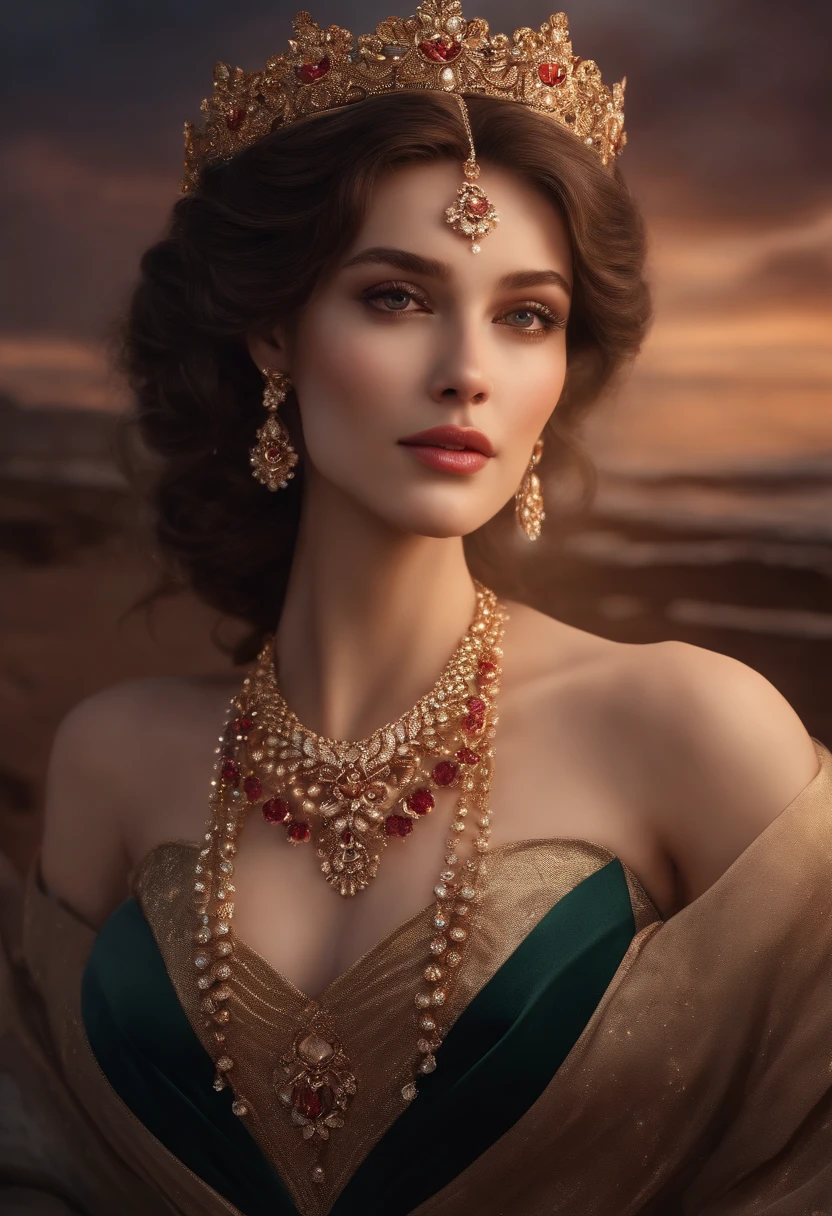urreal 8k cg, perfect, clean, masterpiece, professional artwork, famous artwork, cinematic lighting, cinematic bloom, perfect face, beautiful face, long evening dress, bare shoulders, big bust, hair style, necklace, jewelry, ruby, pearl, diamond, High body, high heels, jacket, (small mole under the eyes), glasses, full body photo, beautiful sunrise coastline, detailed, surreal 8k, 32k.