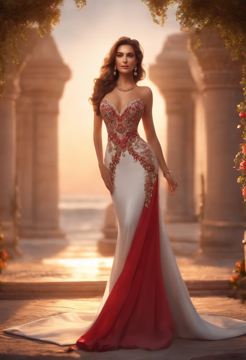 urreal 8k cg, perfect, clean, masterpiece, professional artwork, famous artwork, cinematic lighting, cinematic bloom, perfect face, beautiful face, long evening dress, bare shoulders, big bust, hair style, necklace, jewelry, ruby, pearl, diamond, High body, high heels, jacket, (small mole under the eyes), glasses, full body photo, beautiful sunrise coastline, detailed, surreal 8k, 32k.