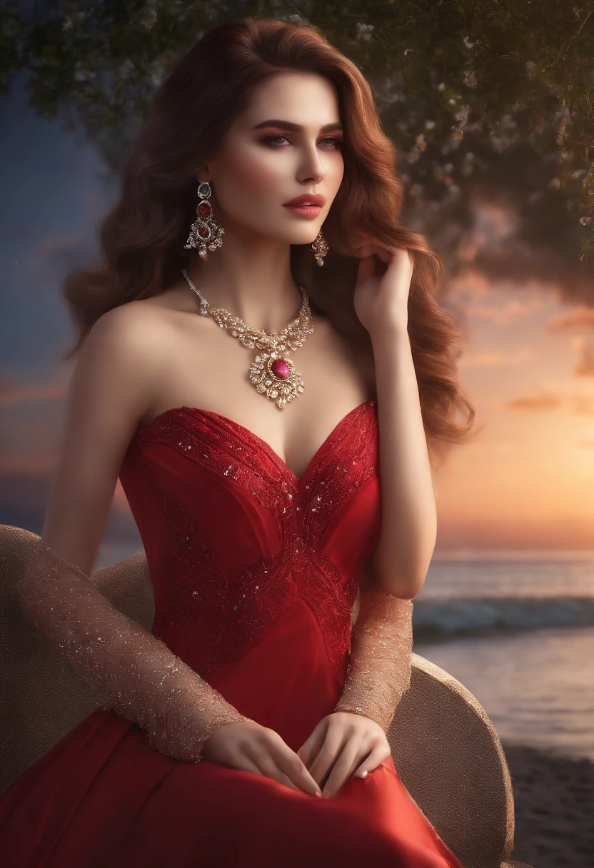 urreal 8k cg, perfect, clean, masterpiece, professional artwork, famous artwork, cinematic lighting, cinematic bloom, perfect face, beautiful face, long evening dress, bare shoulders, big bust, hair style, necklace, jewelry, ruby, pearl, diamond, High body, high heels, jacket, (small mole under the eyes), glasses, full body photo, beautiful sunrise coastline, detailed, surreal 8k, 32k.