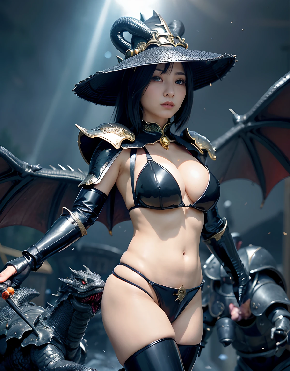 ((World of Darkness)),Professional , ​masterpiece、top-quality、photos realistic , depth of fields 、(((Fight dragons))),（Dragon Black Metal Body:1.9),(latex black-blue、（cleavage of the breast）,（Fight dragons）、、(((Particles of light))),（Micro Bikini Armor:1.7),Gorgeous gold weapons ,（Fight dragons）、Seductive look、The face of the dragon is out、（blood splattere、Armpit、（(((With a magic wand))), ） , (((Wearing a black latex wizard hat))),（demonic wings）   ,（（a blond））、（Castle background）、（（Gangle's forest background））、Beautiful Caucasian beauty、１a person、Armpit、dynamic ungle,(((Detailed Silver Dragon Wizard Hat)))、Smaller head、A smile、Castle background、Thin and beautiful female hands、cleavage of the breast、Soldier in iron armor on background、Mystical expression、Light Effects、intense fighting、Wind-effect、magic circles、With the legendary magic wand、Dragon's tail、explosions、Toostock、Toostock、(Beautuful Women),