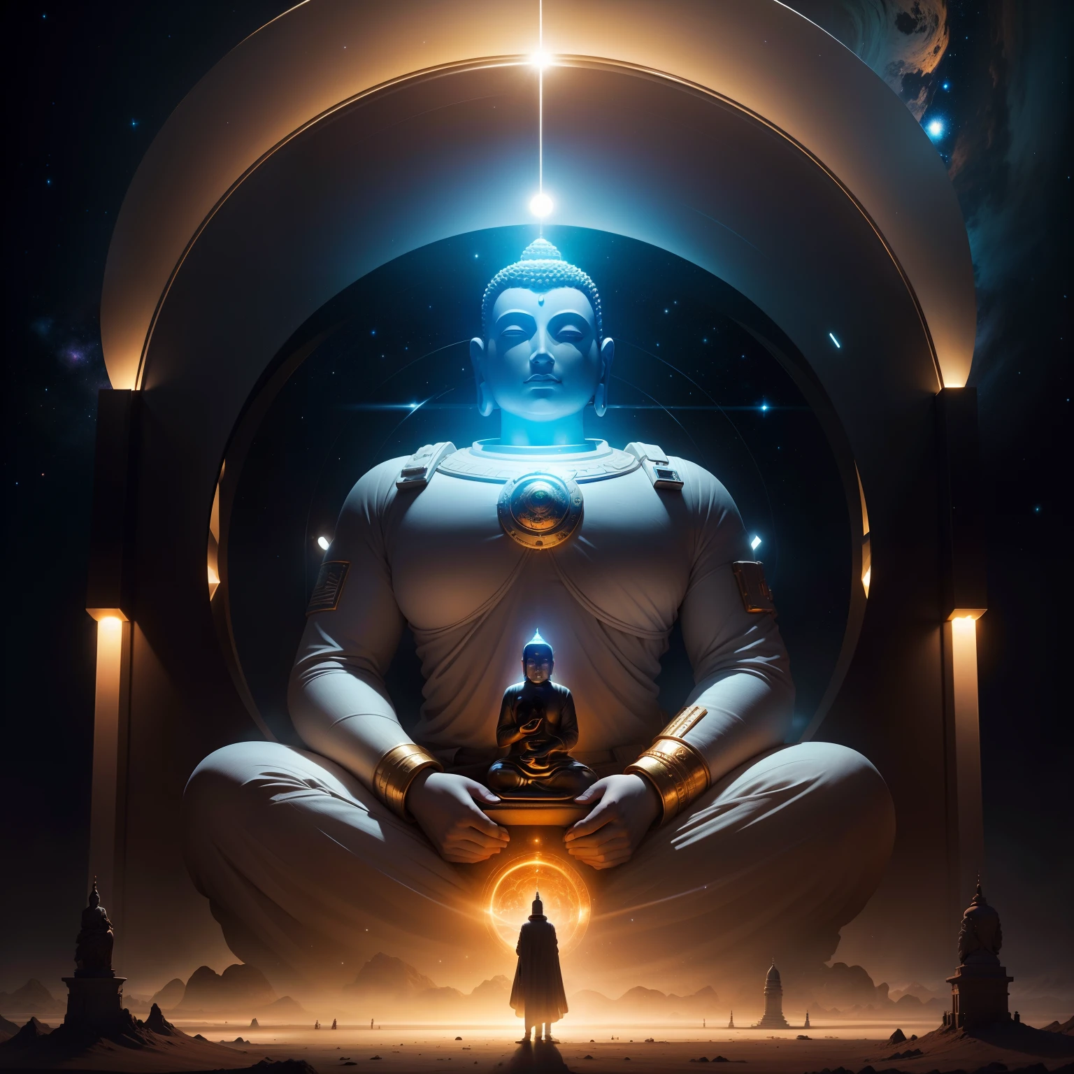Interstellar，Endless space，The huge Maitreya Buddha statue rushes towards a huge space-time tunnel，ssee-through，depth of fields，((Masterpiece))，(Best quality))，Magnificent space image scene，surrealism, Super detail, ccurate, Best quality, hyper HD, Masterpiece, Anatomically correct, A high resolution, 16k