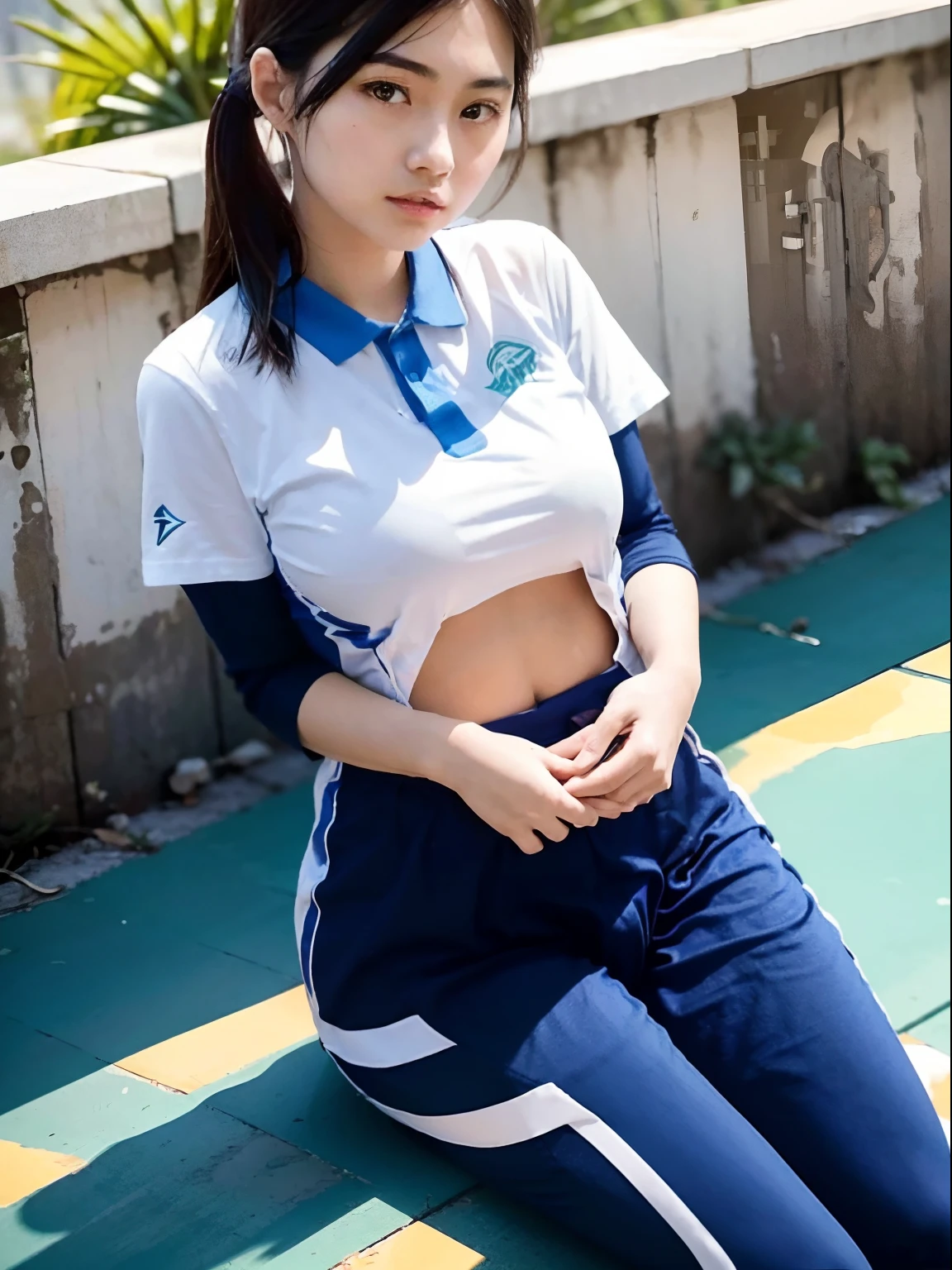 (masterpiece:1.3), (8K, Photoreal, Raw photo, best image quality: 1.4), Japanese, (1 girl), beautiful face, lifelike face, (black haired, short hair:1.3), straight hair, beautiful hairstyle, realistic eyes, beautiful eyes, skin that looks real, beautiful skin, attractive, High resolution, surreal, high detail, golden ratio, see the beholder, Medium chest, (slim and fit body:1.6), see-through wear, No bra, (Blue and white fitted polo shirt, short skirt:1.5), Upskirt, more transparent, realistic glowing skin, fine texture, dynamic pose, (Panty shot from below), (show thighs), (Show panties in the crotch), hip focus, blue sky
