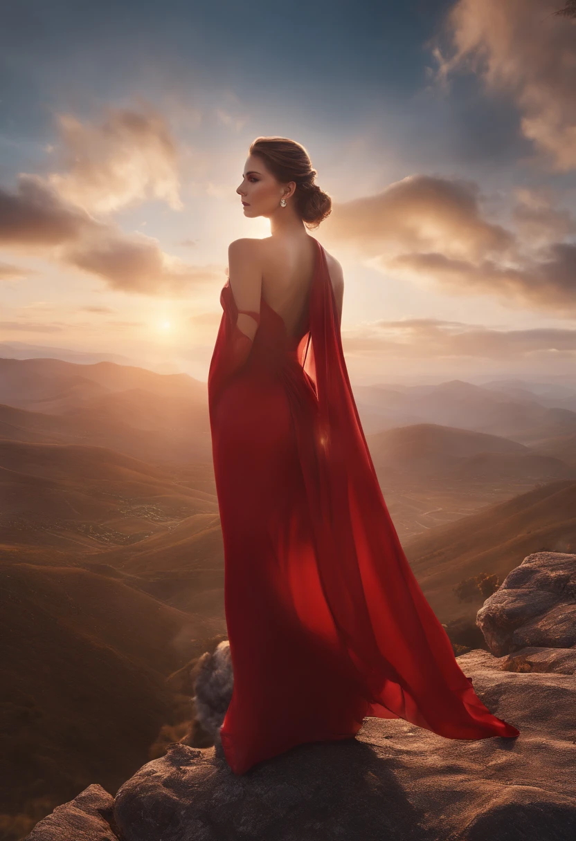 urreal 8k cg, perfect, clean, masterpiece, professional artwork, famous artwork, cinematic lighting, cinematic bloom, perfect face, beautiful face, long evening dress, bare shoulders, big tits, hairstyle, ponytail, necklace, jewelry, rubies, pearl, diamond, Tall body, high heels, jacket, (small mole under the eyes), fashionable stained glasses, glasses, full-body photo, standing on top of a mountain, cloudy, wind, beautiful sunrise, detail, surreal 8k, 32 thousand.