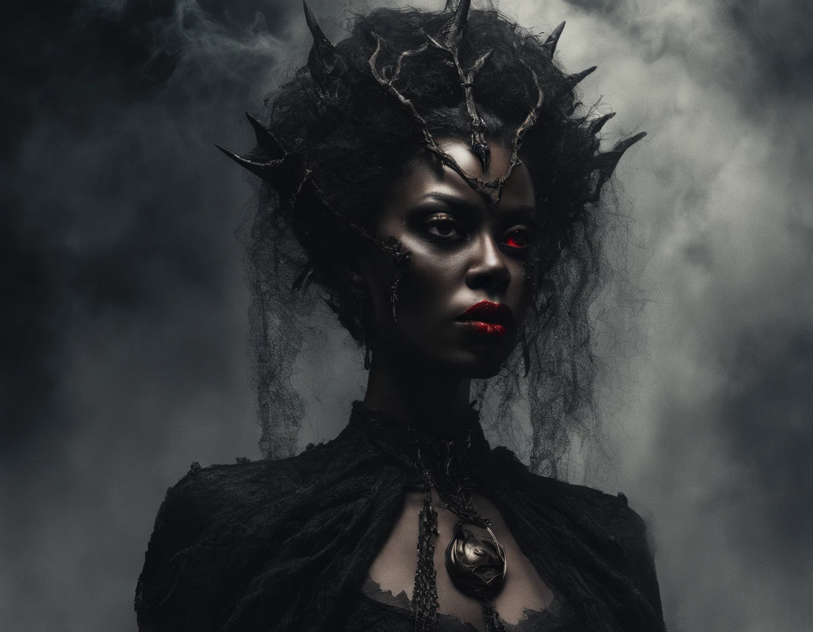 (high quality, best quality, 4k, 8k, highres, masterpiece:1.2), ultra-detailed, (realistic, photorealistic, photo-realistic:1.37), dark-skinned afro-american woman, dead demon woman, full body, long nail red shoes, detailed facial features, expressive eyes, vibrant red lips, intricate hairstyle, fierce expression, standing in a dark and mysterious setting, surrounded by supernatural elements, glowing red eyes, ethereal smoke swirling around her, holding a sinister-looking scepter, wearing an elegant long black dress, adorned with occult symbols, sharp and prominent cheekbones, intense gaze, dramatic lighting casting deep shadows, contrasting red hues, capturing a menacing and powerful presence, portrait style, surreal ambiance, rich and vibrant colors, dark and moody atmosphere.