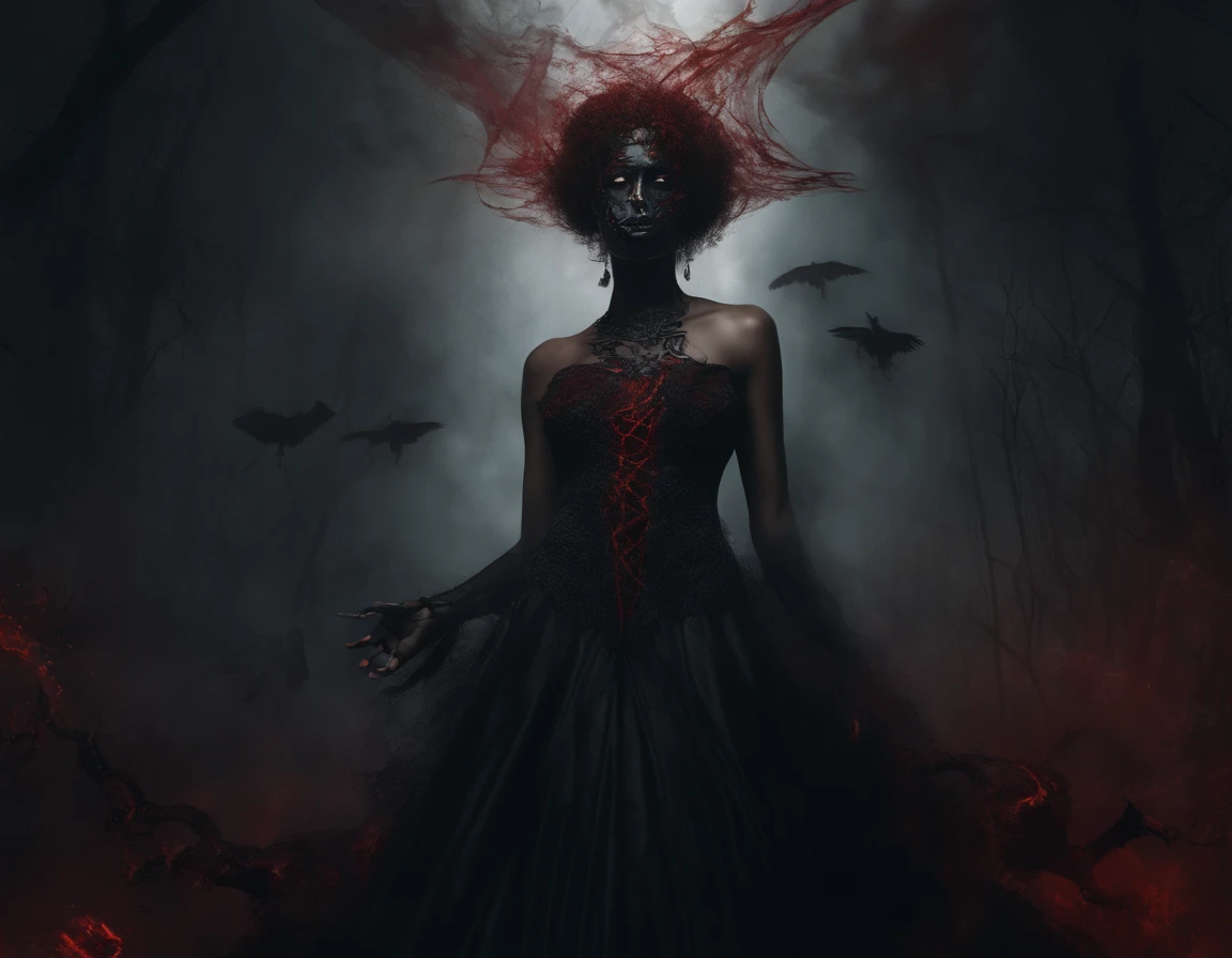 (high quality, best quality, 4k, 8k, highres, masterpiece:1.2), ultra-detailed, (realistic, photorealistic, photo-realistic:1.37), dark-skinned afro-american woman, dead demon woman, full body, long nail red shoes, detailed facial features, expressive eyes, vibrant red lips, intricate hairstyle, fierce expression, standing in a dark and mysterious setting, surrounded by supernatural elements, glowing red eyes, ethereal smoke swirling around her, holding a sinister-looking scepter, wearing an elegant long black dress, adorned with occult symbols, sharp and prominent cheekbones, intense gaze, dramatic lighting casting deep shadows, contrasting red hues, capturing a menacing and powerful presence, portrait style, surreal ambiance, rich and vibrant colors, dark and moody atmosphere.