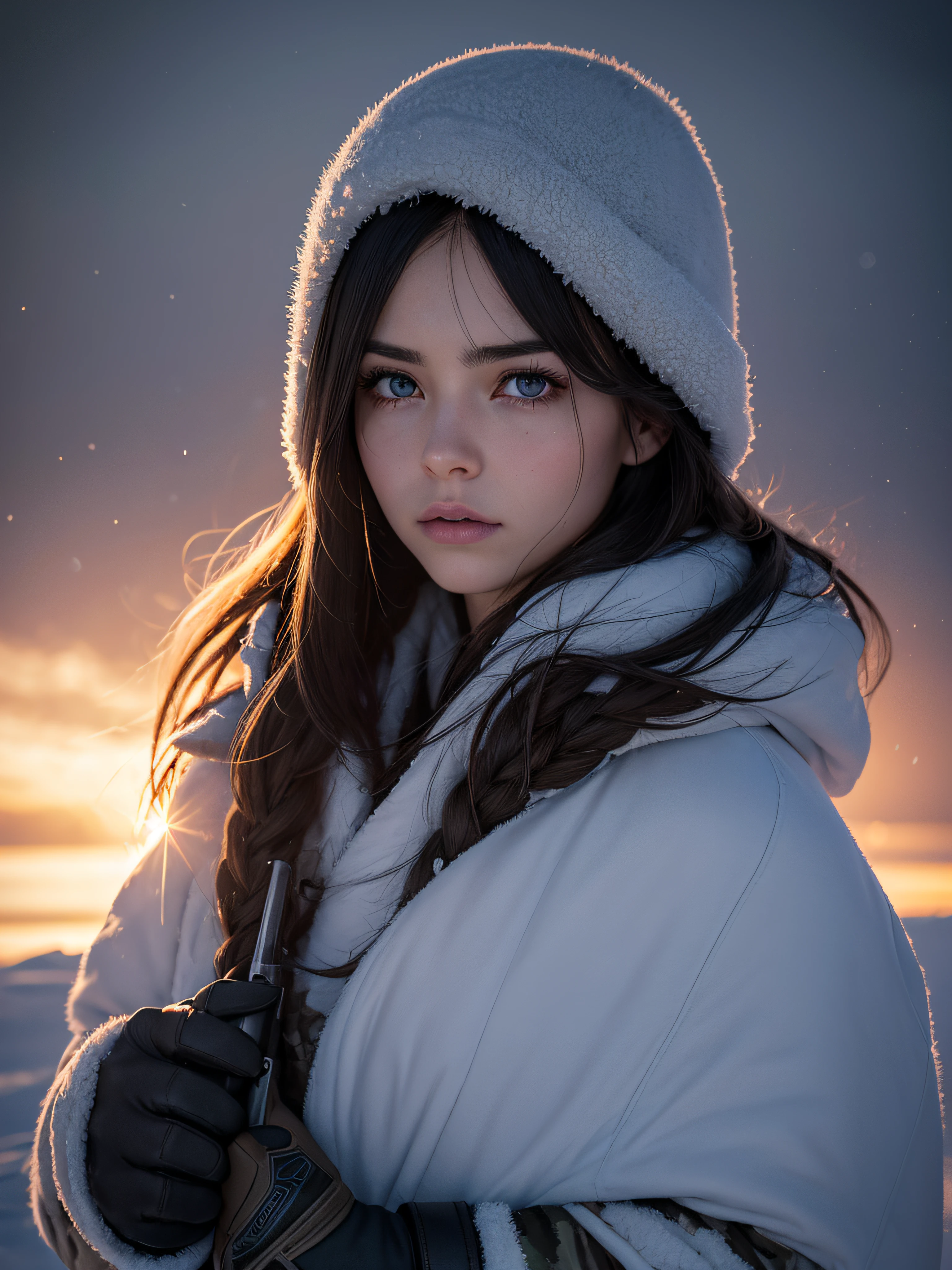 (best quality,4K),(Best details),(ultra realistic),Kai'sa,russian soldier,winter,snow storm,russian hat,sunglasses,beautiful,soldier's salute,looking at viewer,winter war,war-torn city,destroyed buildings,frost-covered trees,smoke and fog,muddy ground,fallen snowflakes,icy wind,battle scars,heavy armor,worn-out boots,glowing eyes,intense expression,determination,cold breath,unique facial features,sharp rifle,camouflage uniform,tangled hair,fur-lined coat,thick gloves,winter camouflage,blizzard,harsh conditions,frigid air,crimson sunset,dark clouds,ominous skies,triumphant pose,defiant stance,endurance and resilience,icy battlefield,steely gaze,frozen tears of valor.