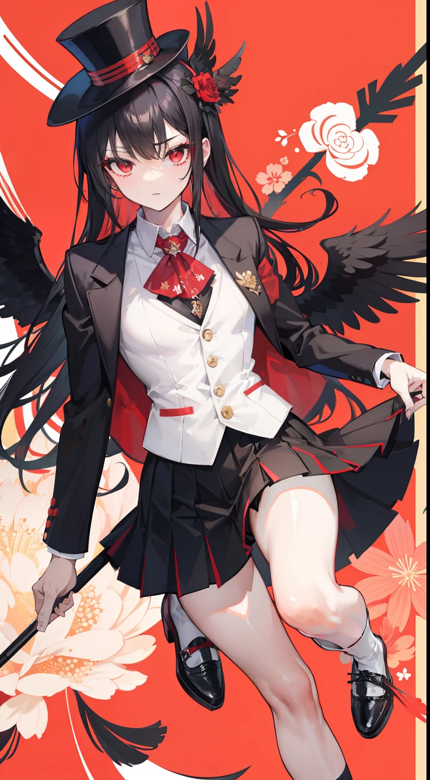 spear、Black hair with red、Vest under blazer、Small top hat and floral ornament on the right、Bone wings on the back、lowfers、knee sox、Hot pants inside the skirt