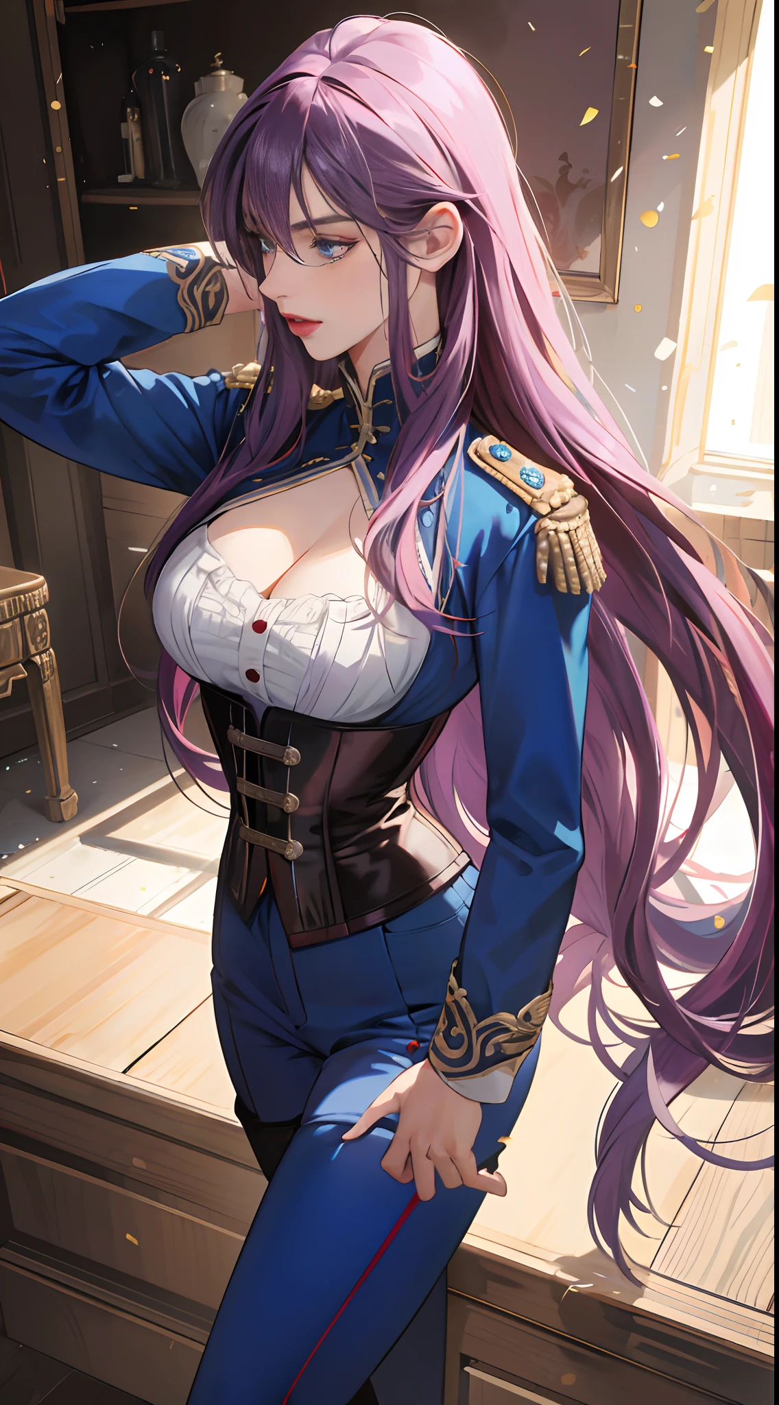 8k, best quality, masterpiece, highly detailed, semi realistic, a girl, young female, 20 years old, absurdly long purple hair, hair between eyes, banks, blue eyes, big breast, cleavage, red lips, gorgeous military uniform, corset, slim figure, cool expression, skinny pants, thigh high boots,
