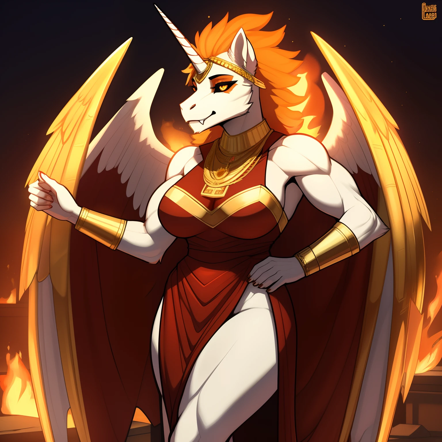 muscular_mature_horse female flaming_orange_mane white_furry_body orange_iris black_sclera slit_pupils solo Masterpiece best_quality absurdres highly_detailed unbuttoned_18th_century_naval_officer_uniform cleanly_drawn_eyes fangs flaming_pegasus_wings dark_orange_eyeshadow long_white_unicorn_horn horse_snout anthro_only smirk large_breasts fire_for_hair by_claweddrip, by_greasymojo, by_underscore-b, by_runawaystride