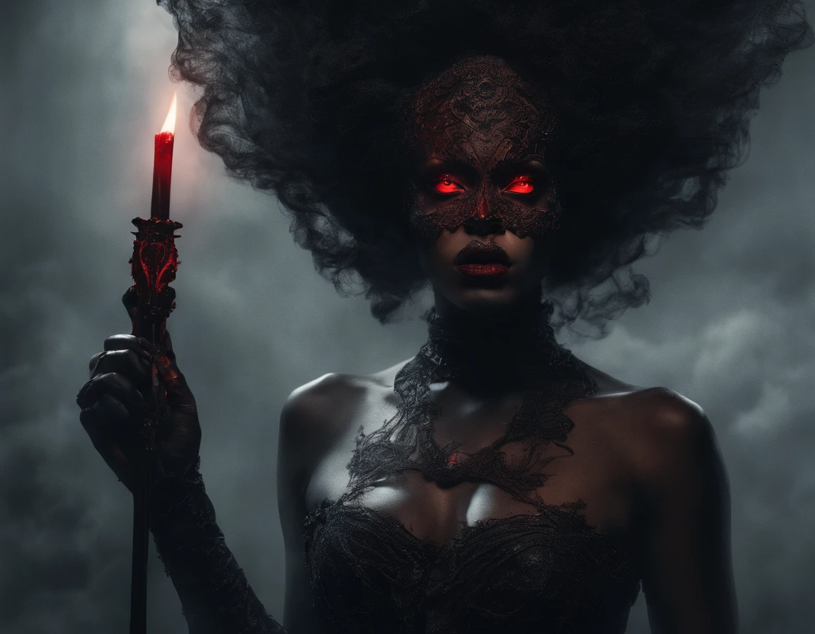 (high quality, best quality, 4k, 8k, highres, masterpiece:1.2), ultra-detailed, (realistic, photorealistic, photo-realistic:1.37), dark-skinned afro-american woman, dead demon woman, full body, long nail red shoes, detailed facial features, expressive eyes, vibrant red lips, intricate hairstyle, fierce expression, standing in a dark and mysterious setting, surrounded by supernatural elements, glowing red eyes, ethereal smoke swirling around her, holding a sinister-looking scepter, wearing an elegant long black dress, adorned with occult symbols, sharp and prominent cheekbones, intense gaze, dramatic lighting casting deep shadows, contrasting red hues, capturing a menacing and powerful presence, portrait style, surreal ambiance, rich and vibrant colors, dark and moody atmosphere.