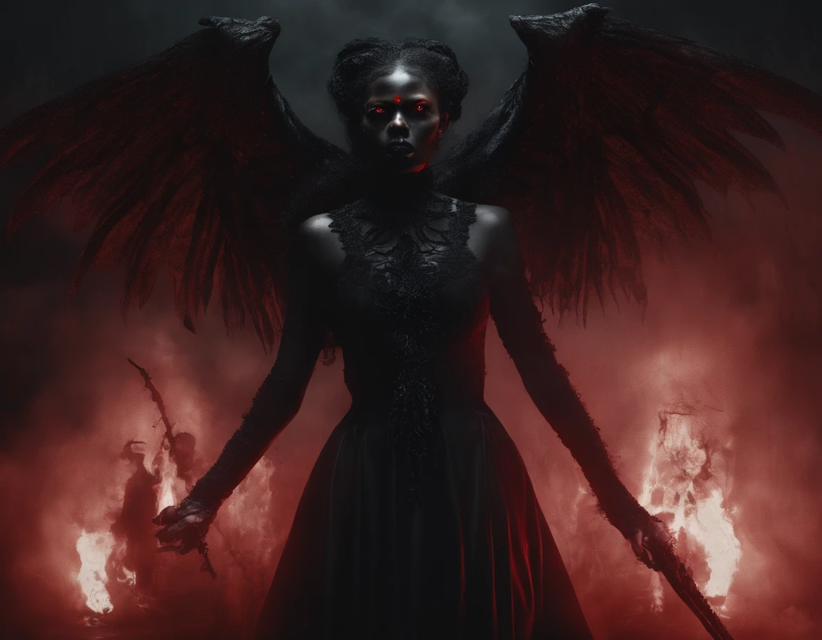(high quality, best quality, 4k, 8k, highres, masterpiece:1.2), ultra-detailed, (realistic, photorealistic, photo-realistic:1.37), dark-skinned afro-american woman, dead demon woman, full body, long nail red shoes, detailed facial features, expressive eyes, vibrant red lips, intricate hairstyle, fierce expression, standing in a dark and mysterious setting, surrounded by supernatural elements, glowing red eyes, ethereal smoke swirling around her, holding a sinister-looking scepter, wearing an elegant long black dress, adorned with occult symbols, sharp and prominent cheekbones, intense gaze, dramatic lighting casting deep shadows, contrasting red hues, capturing a menacing and powerful presence, portrait style, surreal ambiance, rich and vibrant colors, dark and moody atmosphere.