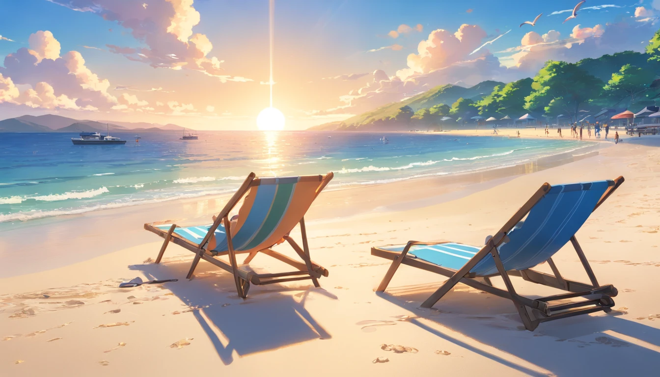 (Best quality,4K,8K,A high resolution,Masterpiece:1.2),Ultra-detailed,(Realistic,Photorealistic,photo-realistic:1.37),Anime art,Sunshine,cheerfulness,sea beach,Seagulls fly,Crab crawling,illustration,concept-art,Dolphins jumping from the sea,summery vibe,Colorful,Sparkling water,Clear sky,Soft sand,Joyful,Cool breeze,sunglasses,Umbrella,Beach chairs,relaxing,peaceful scenery,Vivid colors,Brilliant lighting