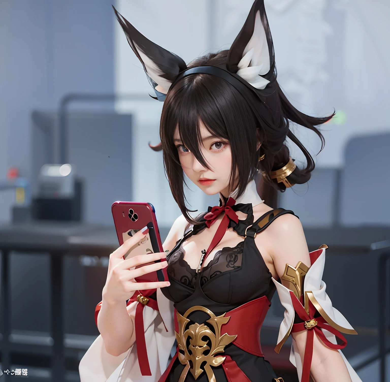 Anime girl holding cell phone in hand,