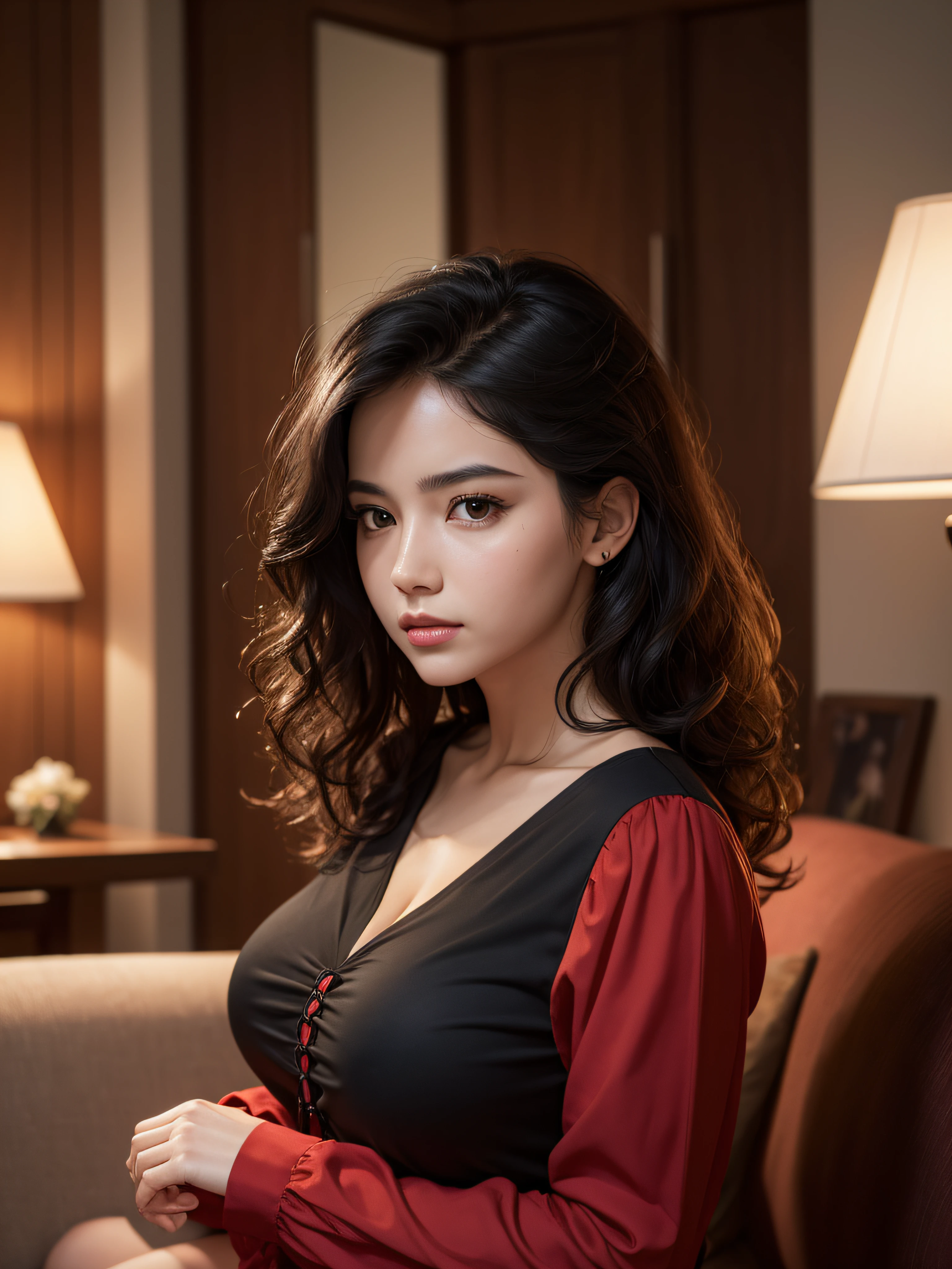 bloom, lens reflection, (8k, RAW, professional, best quality, masterpiece: 1.2), (realistic, photorealistic: 1.37), ultra-detailed, (wide-angle 25mm portrait), (most detailed skin: 1.2), very detailed face, cinematic lighting, 1girl, curly black hair, (windy), standing on the couch, dark light, looking at the camera, large breasts, black and red blouse