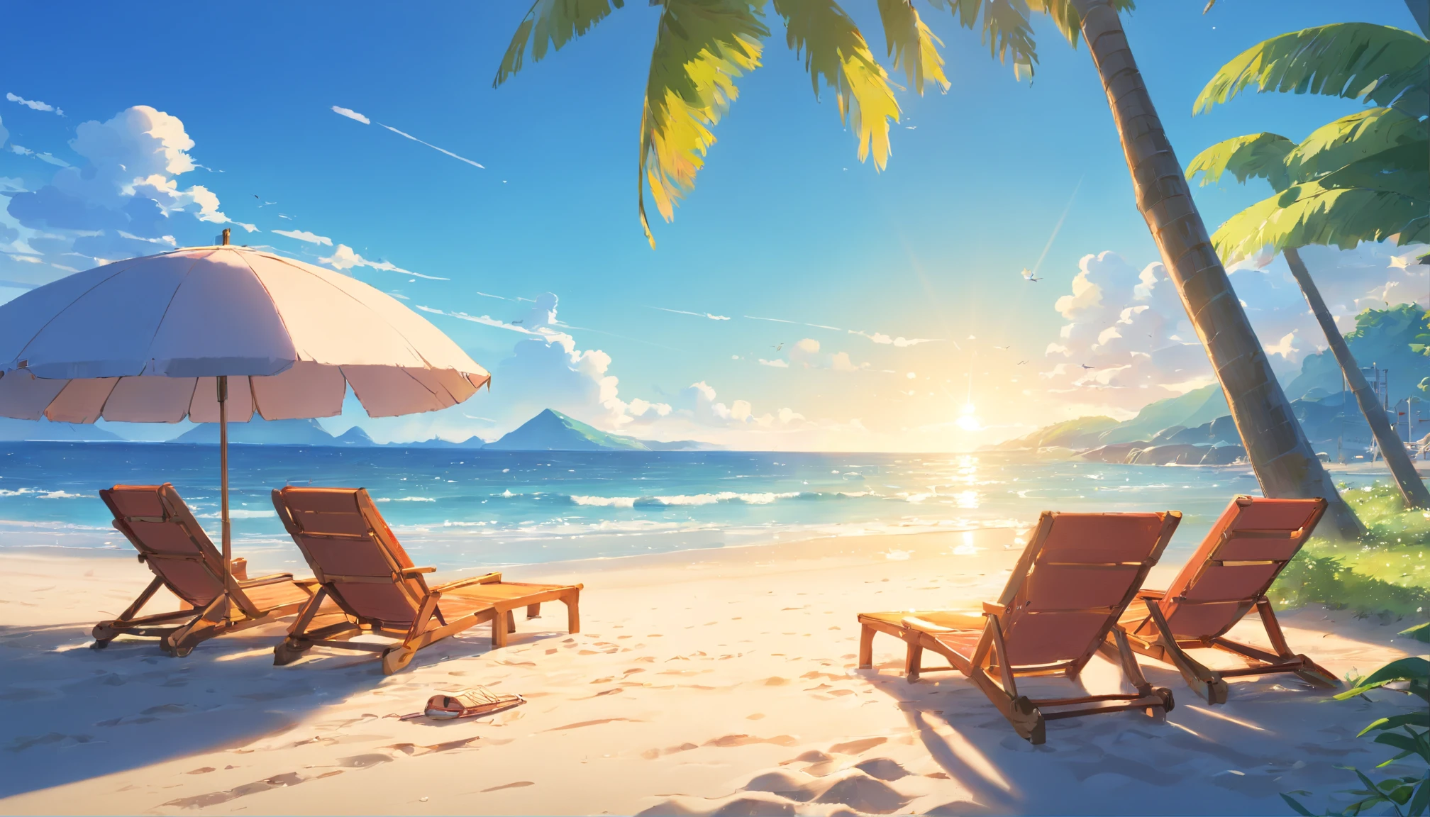 (Best quality,4K,8K,A high resolution,Masterpiece:1.2),Ultra-detailed,(Realistic,Photorealistic,photo-realistic:1.37),Anime art,Sunshine,cheerfulness,sea beach,Seagulls fly,Crab crawling,illustration,concept-art,Dolphins jumping from the sea,summery vibe,Colorful,Sparkling water,Clear sky,Soft sand,Joyful,Cool breeze,sunglasses,Umbrella,Beach chairs,relaxing,peaceful scenery,Vivid colors,Brilliant lighting