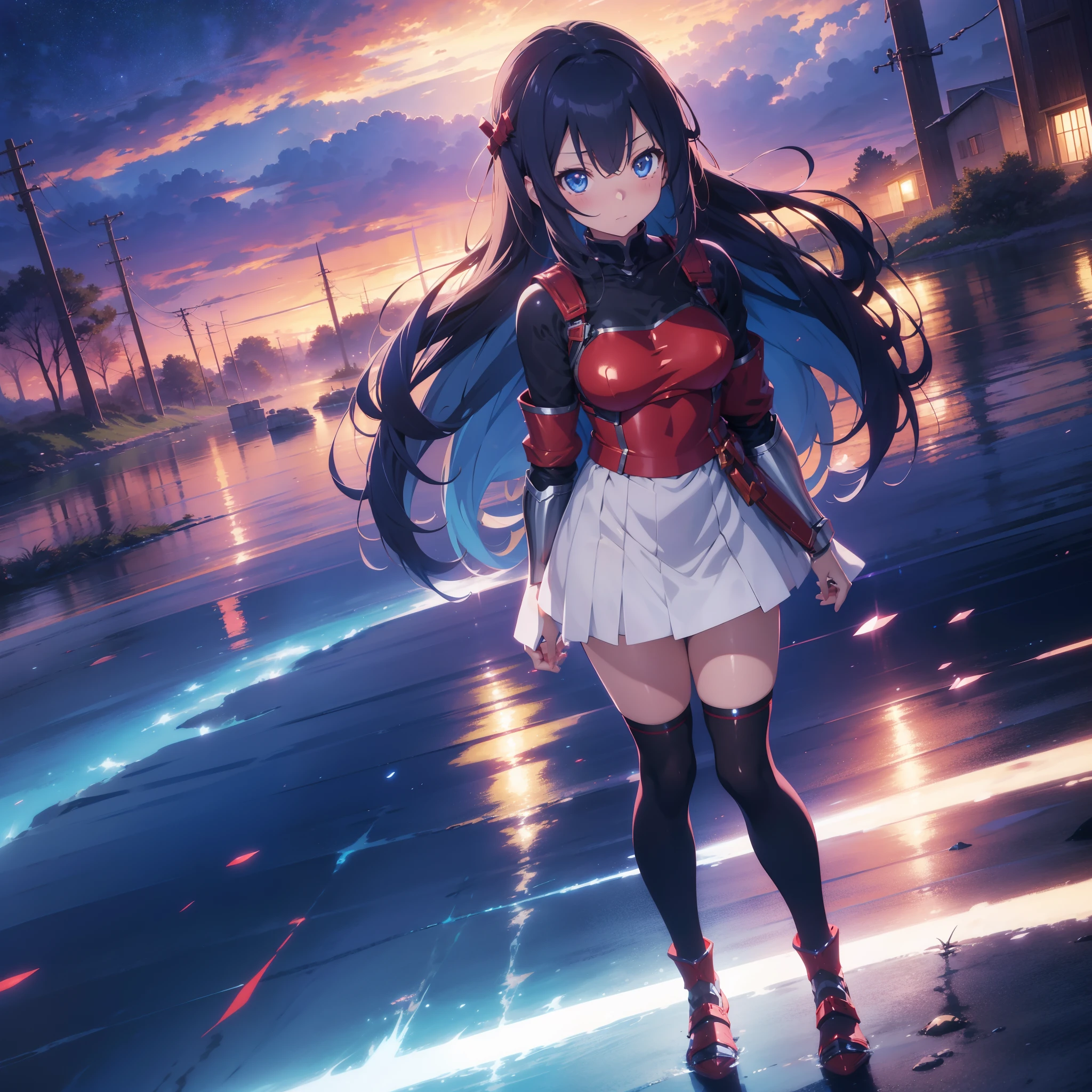 Anime girl with blue eyes and red knight armor, Smooth Anime CG Art, Detailed Digital Anime Art,Thrusting your hands forward、 photorealistic anime girl render, Anime Night Girl,Transparent anime art, Anime visuals of cute girls, Fantastic scenery background spreads out、Drawn in an anime studio, Wearing realistic shiny warrior armor, render of a cute 3d anime girl