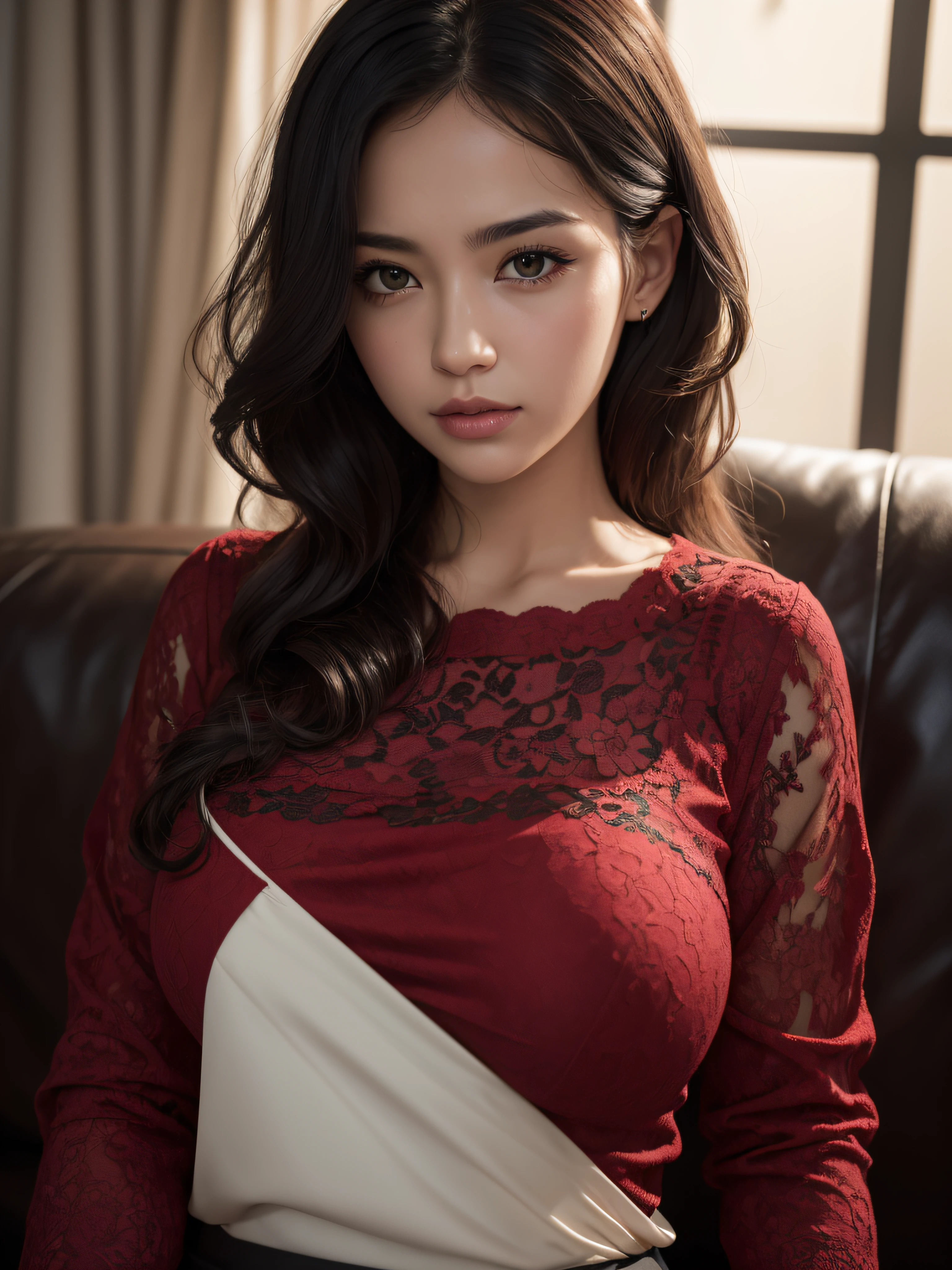bloom, lens reflection, (8k, RAW, professional, best quality, masterpiece: 1.2), (realistic, photorealistic: 1.37), ultra-detailed, (wide-angle 25mm portrait), (most detailed skin: 1.2), very detailed face, cinematic lighting, 1girl, curly black hair, (windy), standing on the couch, dark light, looking at the camera, large breasts, black and red blouse