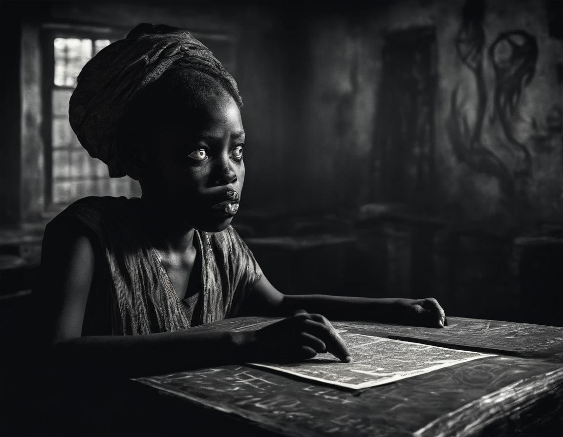 A girl in a Nigerian classroom, scared of demons, detailed eyes, detailed lips, extremely detailed eyes and face, long eyelashes, fearful expression, sitting at a desk, looking back in fear, classmates with worried faces, chalkboard with demonic symbols, dim lighting, haunted atmosphere, traditional African classroom setting, dusty wooden desk, blackboard covered in chalk dust, vintage textbooks, faded murals on the walls, dark shadows, eerie silence, supernatural presence, fear-inducing demons lurking in the corners, penetrating gazes from dark eyes, eerie whispers filling the air, authentic African artwork, vibrant colors, eerie color tones, mysterious aura, supernatural elements, story-driven narrative, traditional African cultural elements as symbols of protection, intense emotions, evocative storytelling, dark and sinister atmosphere, haunted by supernatural entities, ethereal and atmospheric scene.