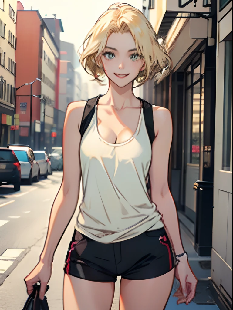 Young woman 20 years old: 1.3, Short light blonde hair: 1.2, Tall: 1.2, Occupation: 1.2, Daytime: 1.2, On the street: 1.2, film lighting, Best quality, 8k,black tank top, cleavage shirt, short black mini shorts, small boobs ((Anime traits)) Korean girl, seductive look, sexy, mouth open and smiling ((light blonde hair)) ((sexy girl)), happy, smile