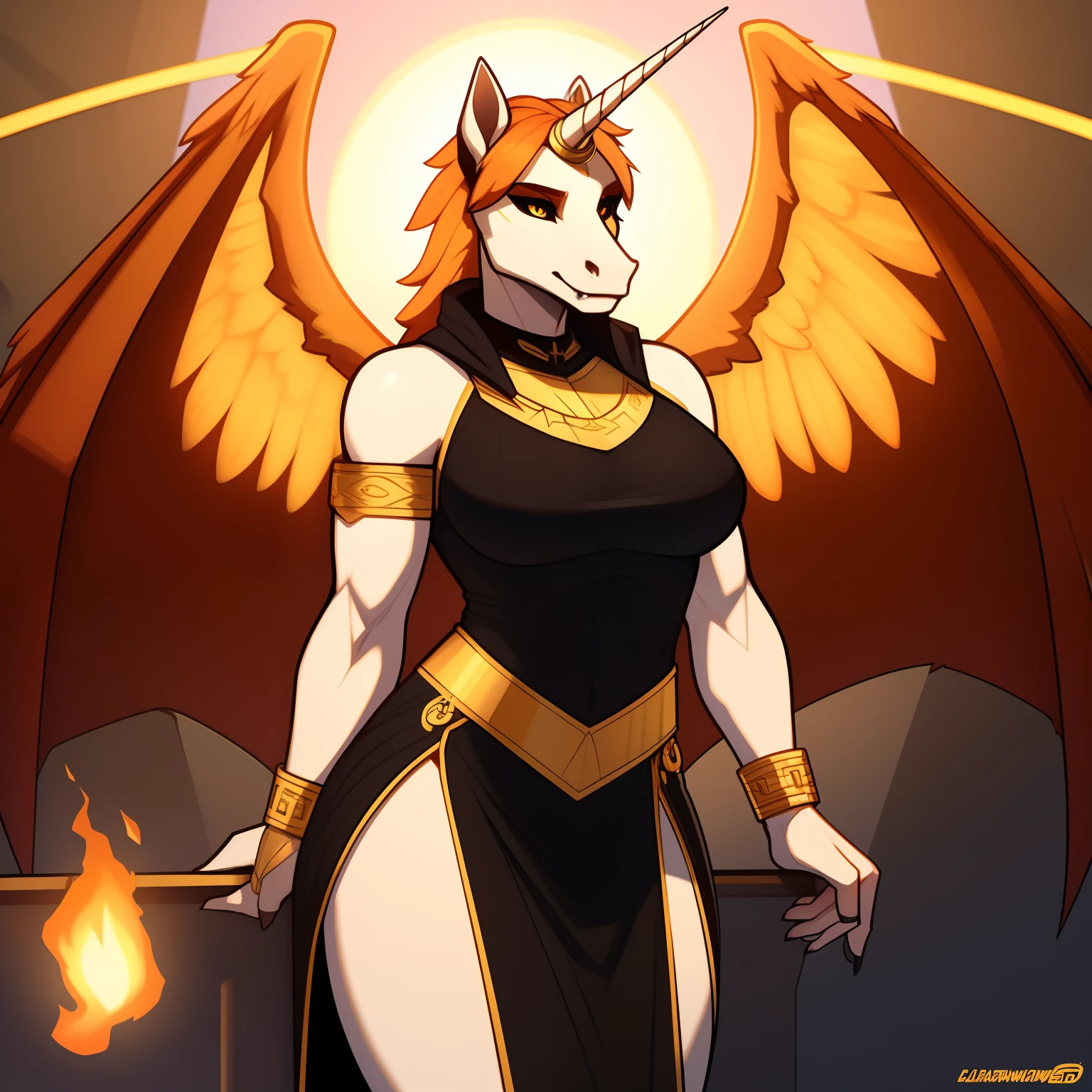 muscular_mature_horse scarred_body female flaming_orange_mane white_furry_body orange_iris black_sclera slit_pupils solo Masterpiece best_quality absurdres highly_detailed gown_with_gold_trim gold_circlet gold_gorget gold_bracers cleanly_drawn_eyes fangs flaming_wings orange_eyeshadow long_unicorn_horn horse_snout anthro_only by_claweddrip, by_greasymojo, by_underscore-b, by_runawaystride