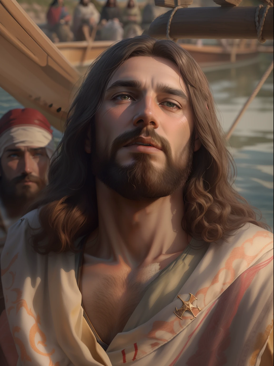 ((Realistic depiction of Jesus Christ)), corps entier, aura sagrada, cutscene, represented in hyper-detailed 4K. Jesus is sitting on a small boat, flottant doucement sur le lac Genesareth, surrounded by disciples sitting on the shore. Gros plan sur Jesus,Le soleil brille sur l'eau Ses yeux sont gentils et expressifs,, Make sure the image is of high quality and rich in detail, capturing the essence of Jesus , very detailed skin: 1,2 8K UHD , 20MP, Fujifilm XT3, 80 mm