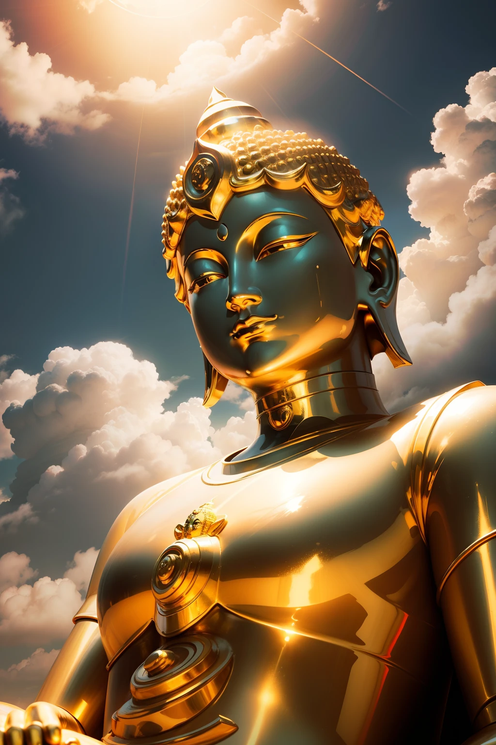 Golden Buddha，The halo，Radiant，Skysky，Clouds，face illuminated