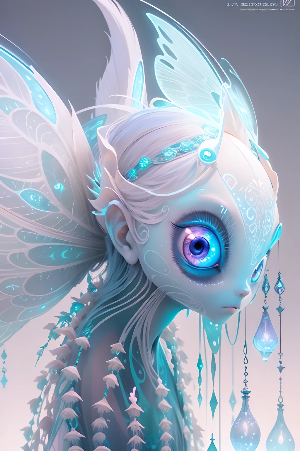 Bioluminescent beings with translucent skin, Luminarids are 5-foot-tall, teardrop-headed creatures with four opalescent eyes and lacework wings, using their glow color to convey emotions and communicating through harmonious chimes alien, white background, portrait, digitial painting，3D character design by Mark Clairen and Pixar and Hayao Miyazaki and Akira Toriyama，4K HD illustration，Very detailed facial features and cartoon-style visual