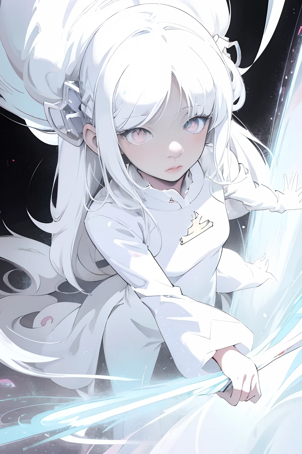 white  hair,ethereal anime,  White Cat Girl,Pale Young Ghost Girl, demon anime girl, Glowing white eyes, Fuzzy Ghost, soft anime illustration, with white long hair, 2 d anime style,  2d art cover,  dreamy psychedelic anime,  anime abstract art,Detailed key anime art