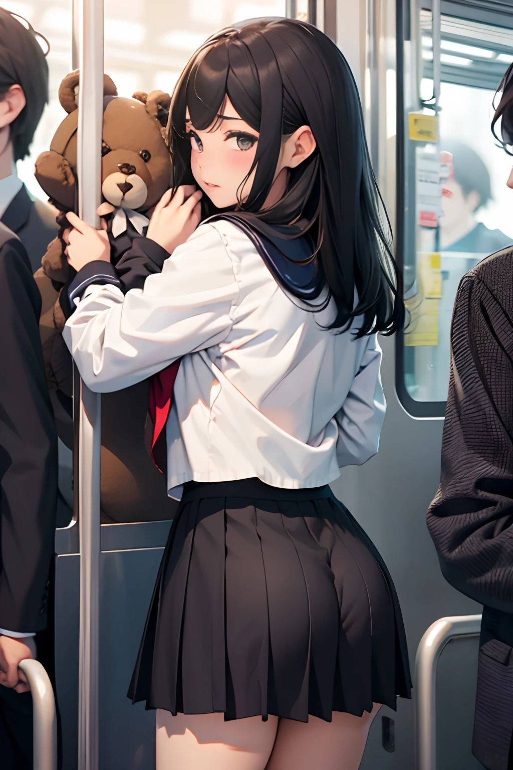 grasp、、High school girl in sailor suit grabs butt on bus、pleatedskirt、a beauty girl１a person、teddy bears１a person、Grabbing the buttocks、molesting、Touching your buttocks on the bus、夏天、red blush、