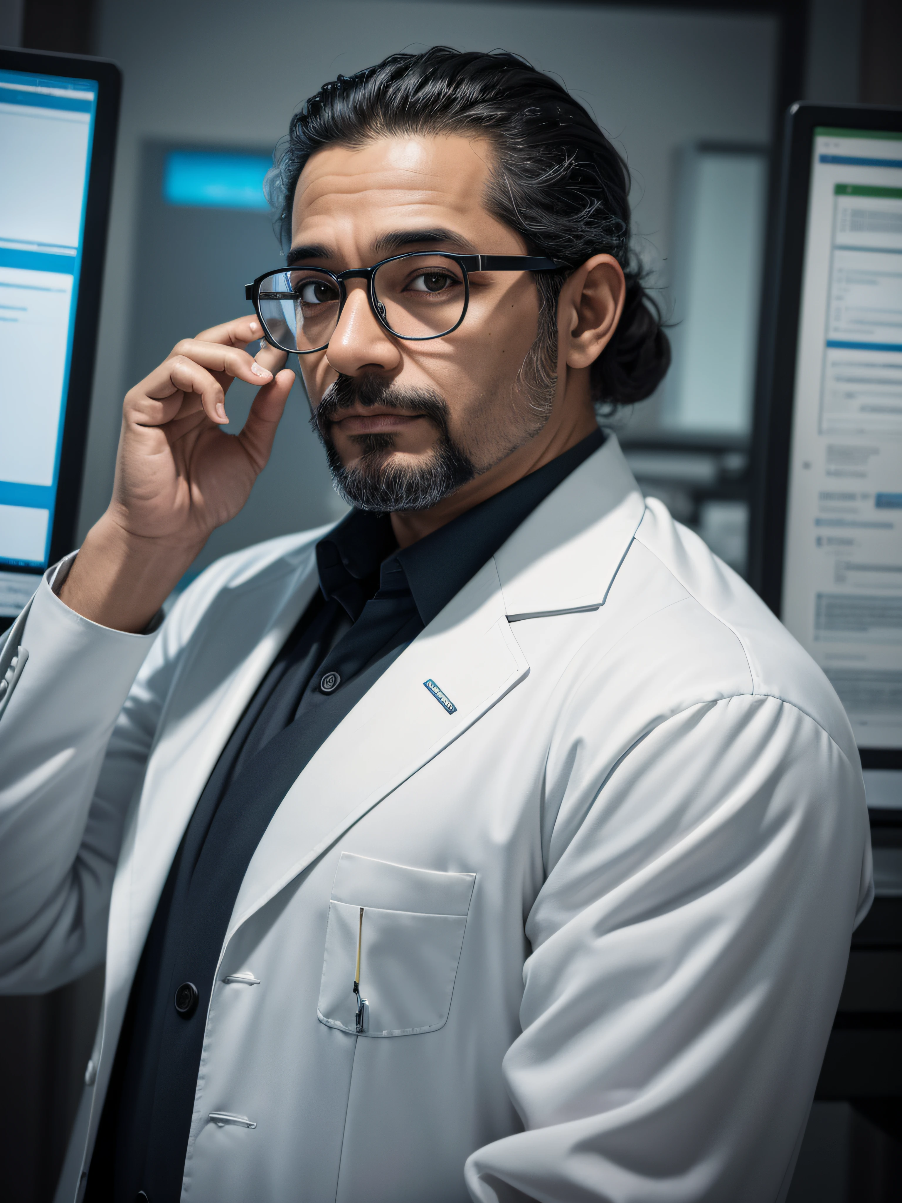 absurd resolution, high resolution, reflection, refraction:1.4 ultra-detailed:1.0 (illustration, line drawing), masterpiece, scientist with glasses, full-length, man (European, Arab, dark-skinned), ugly, middle-aged, 40 years old, work suit (polyester, synthetics), tattoos on the head, scientific uniform, scientist, scientific, biologist, technologist