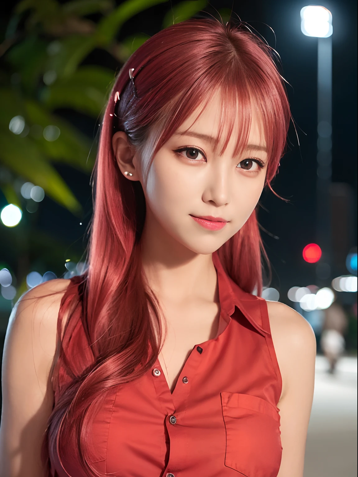 best quality, realistic, ultra high res, (photorealistic1.4), 1girl, solo, bareface, glowing eyes, red eyes, red hair, smile, sleeveless red button shirt, night, in the park, ((upper body)), ((puffy eyes)), (((looking at viewer))), ((closeup)),