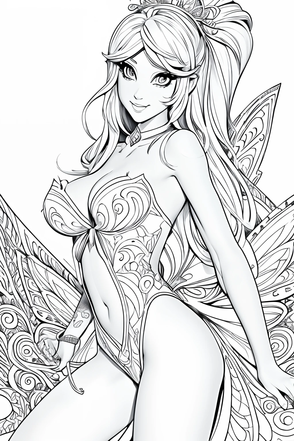 A printable black and white adult coloring page featuring a sexy fairy, clean line art, nsfw, limited shading, white background